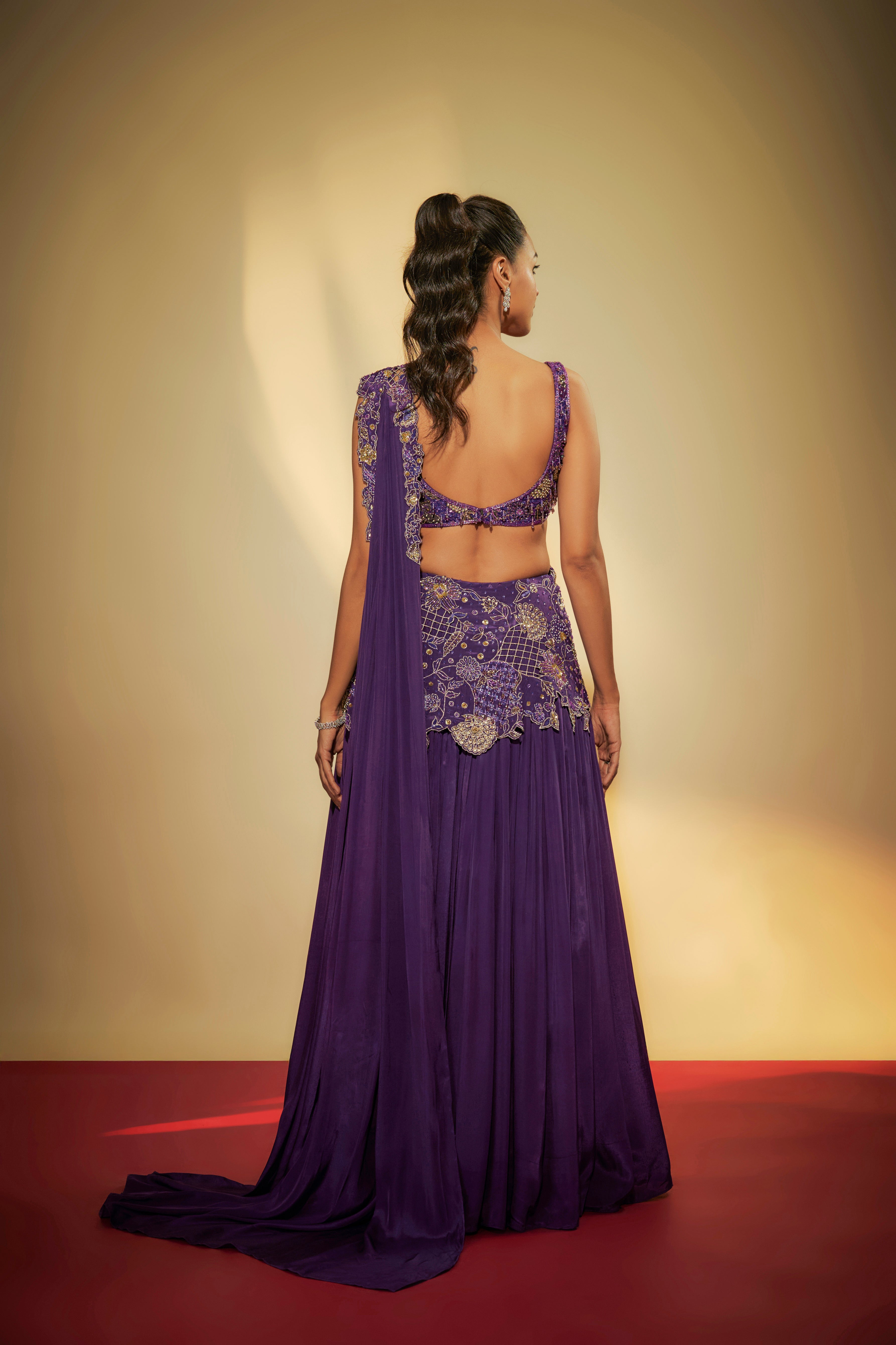 Purple Crepe Embroidered Lehenga Set