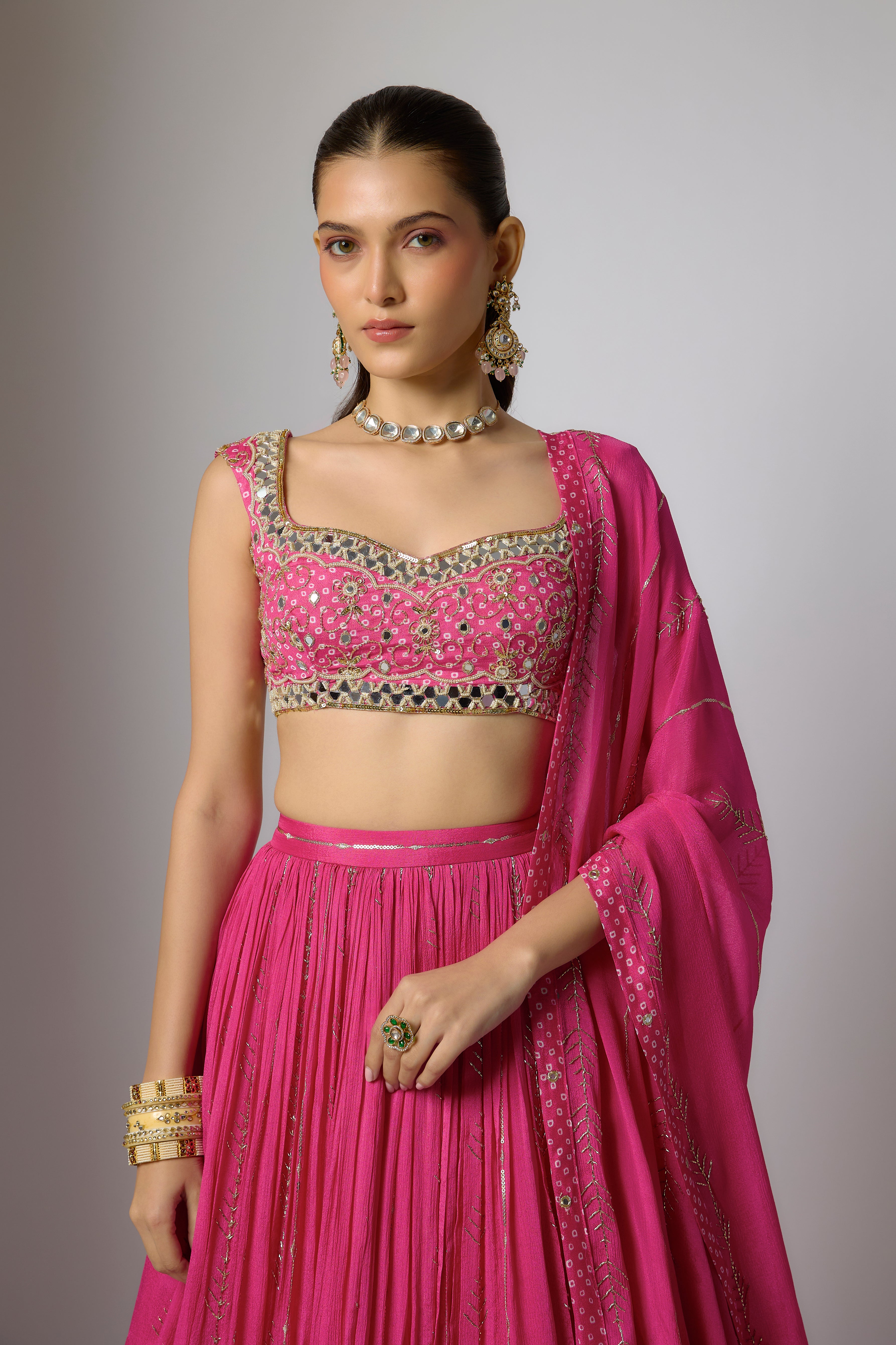 Fuchsia Pink Chinon Embroidered Lehenga Set
