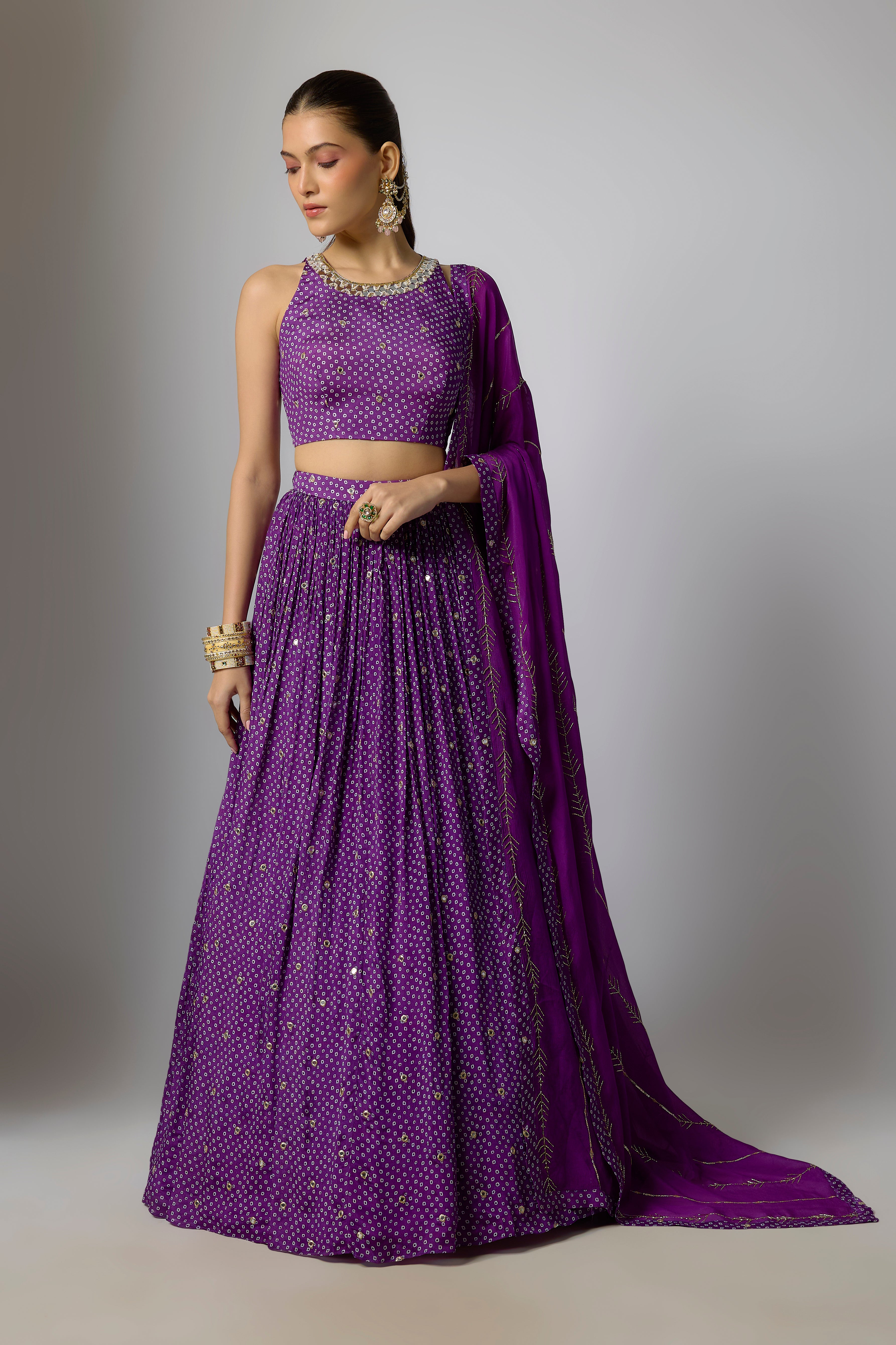 Purple Chinon Embroidered Lehenga Set
