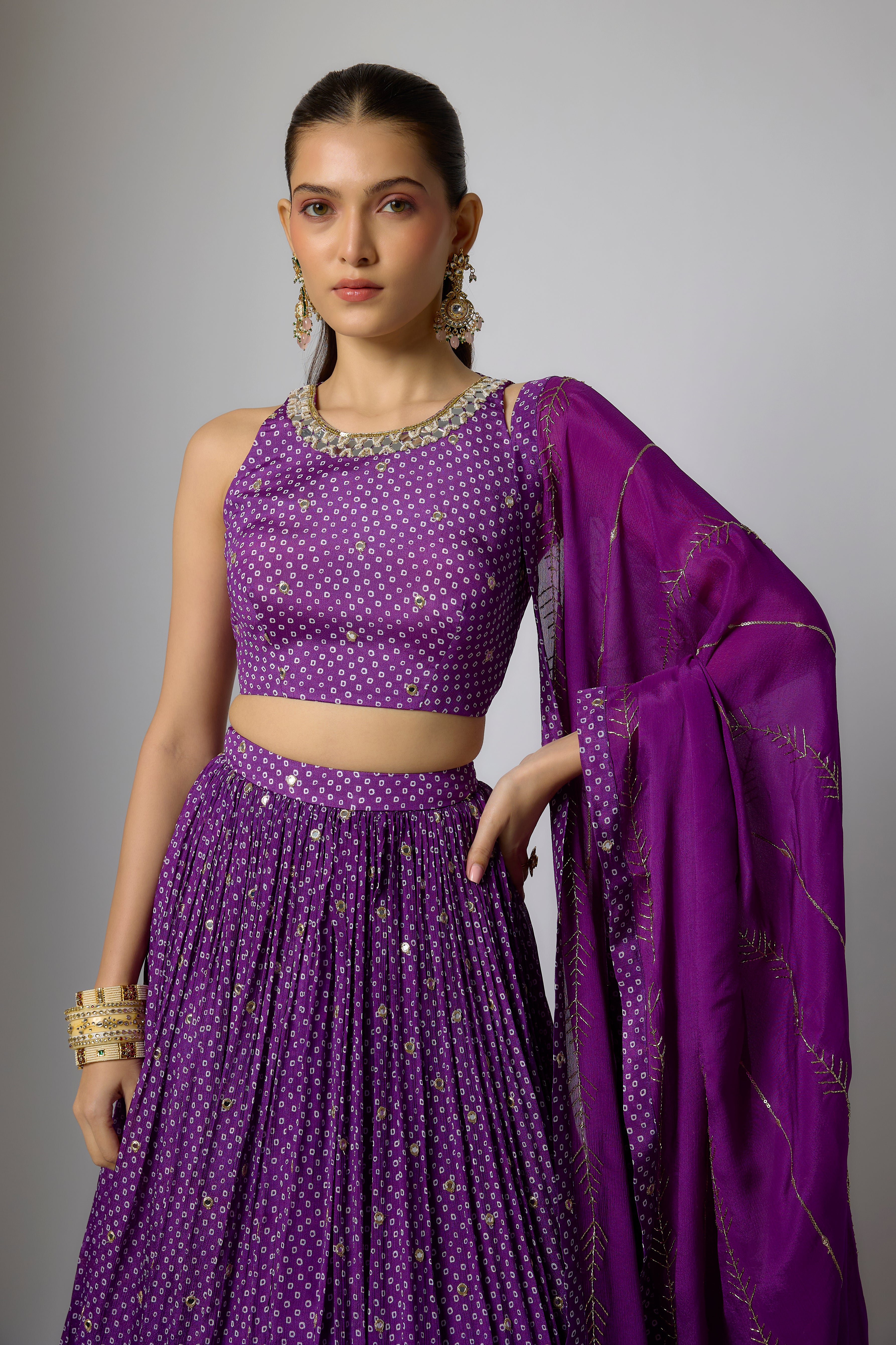 Purple Chinon Embroidered Lehenga Set