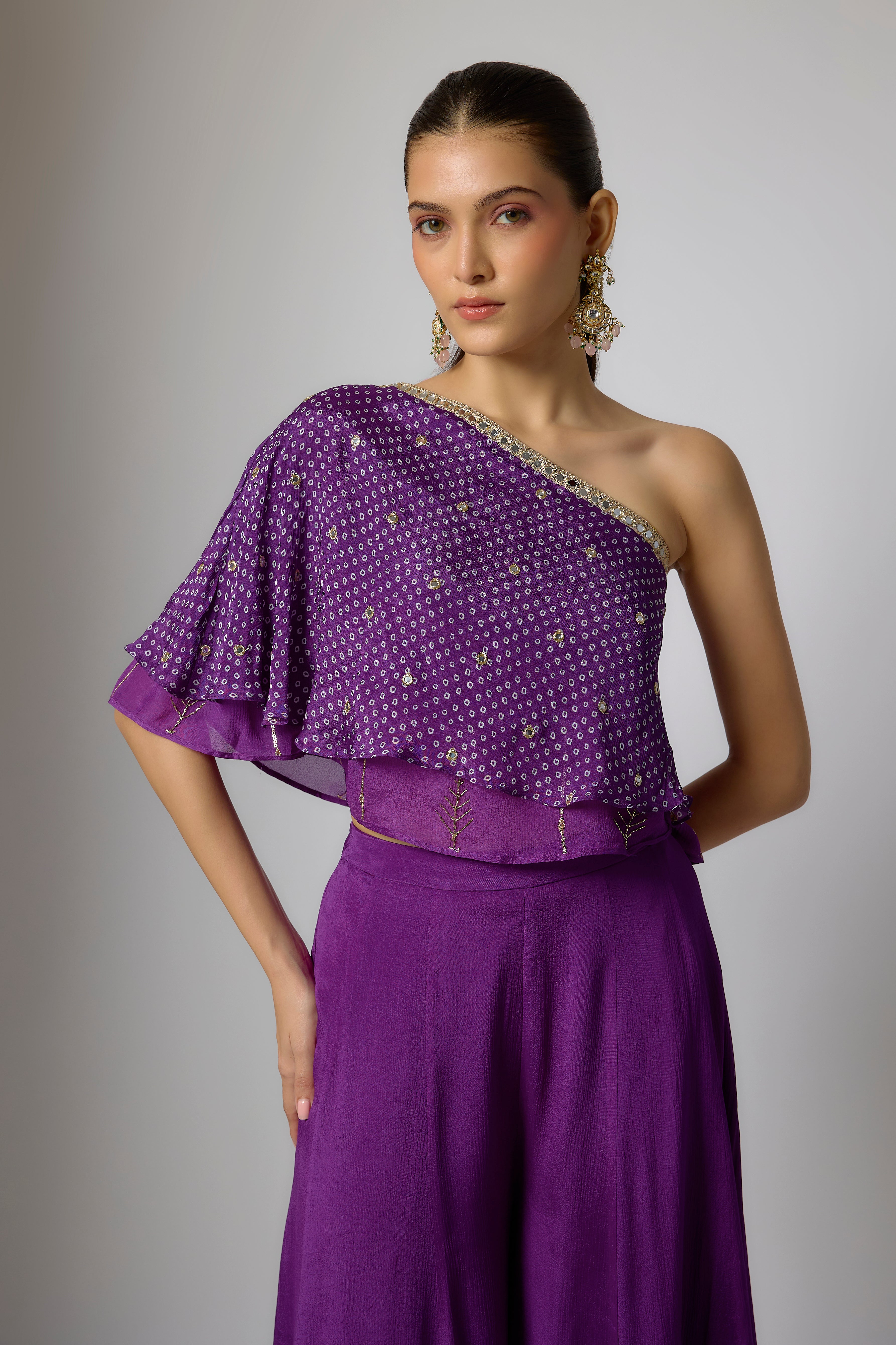 Purple Chinon Embroidered Palazzo Set