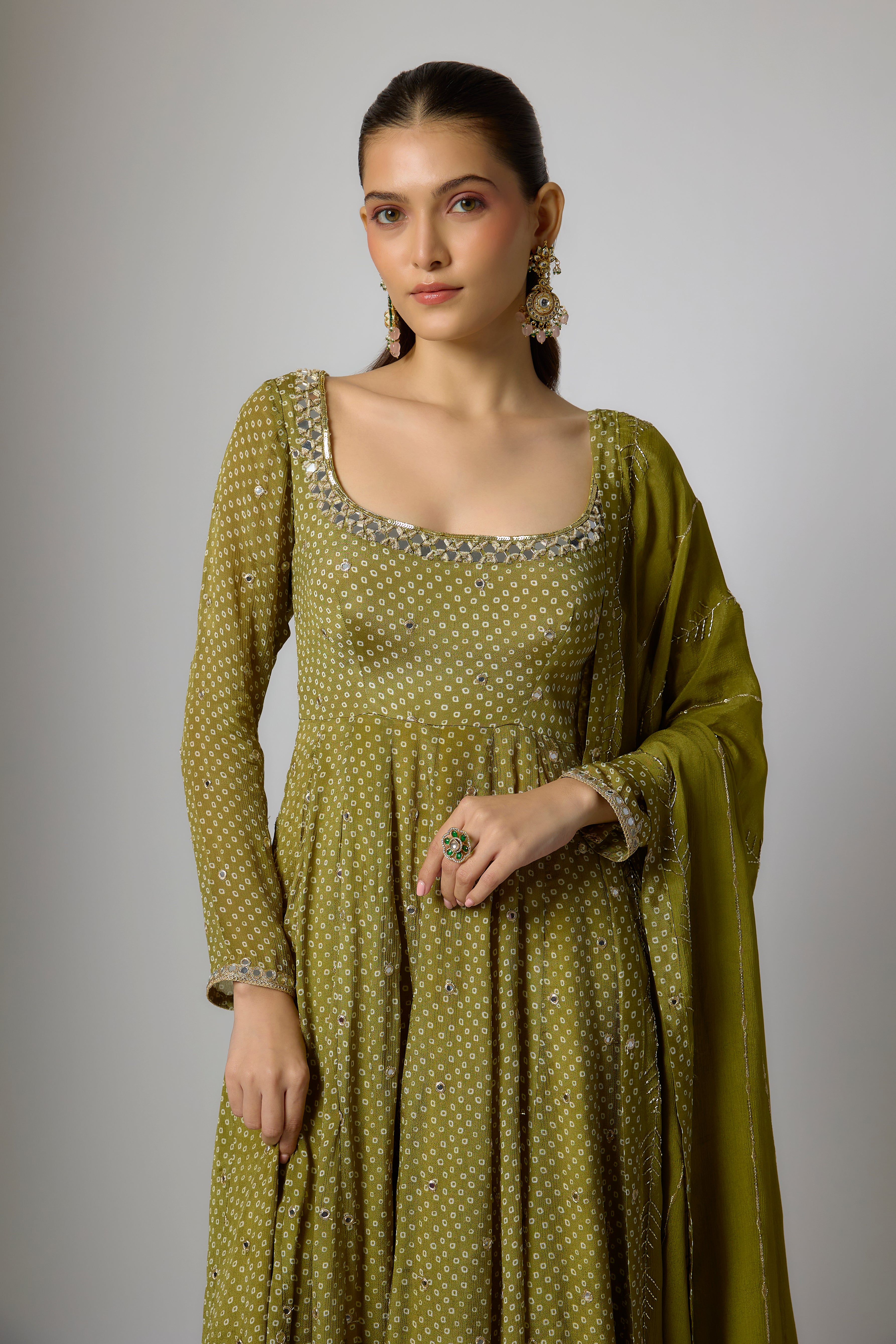 Mehendi Green Chinon Embroidered Anarkali Set