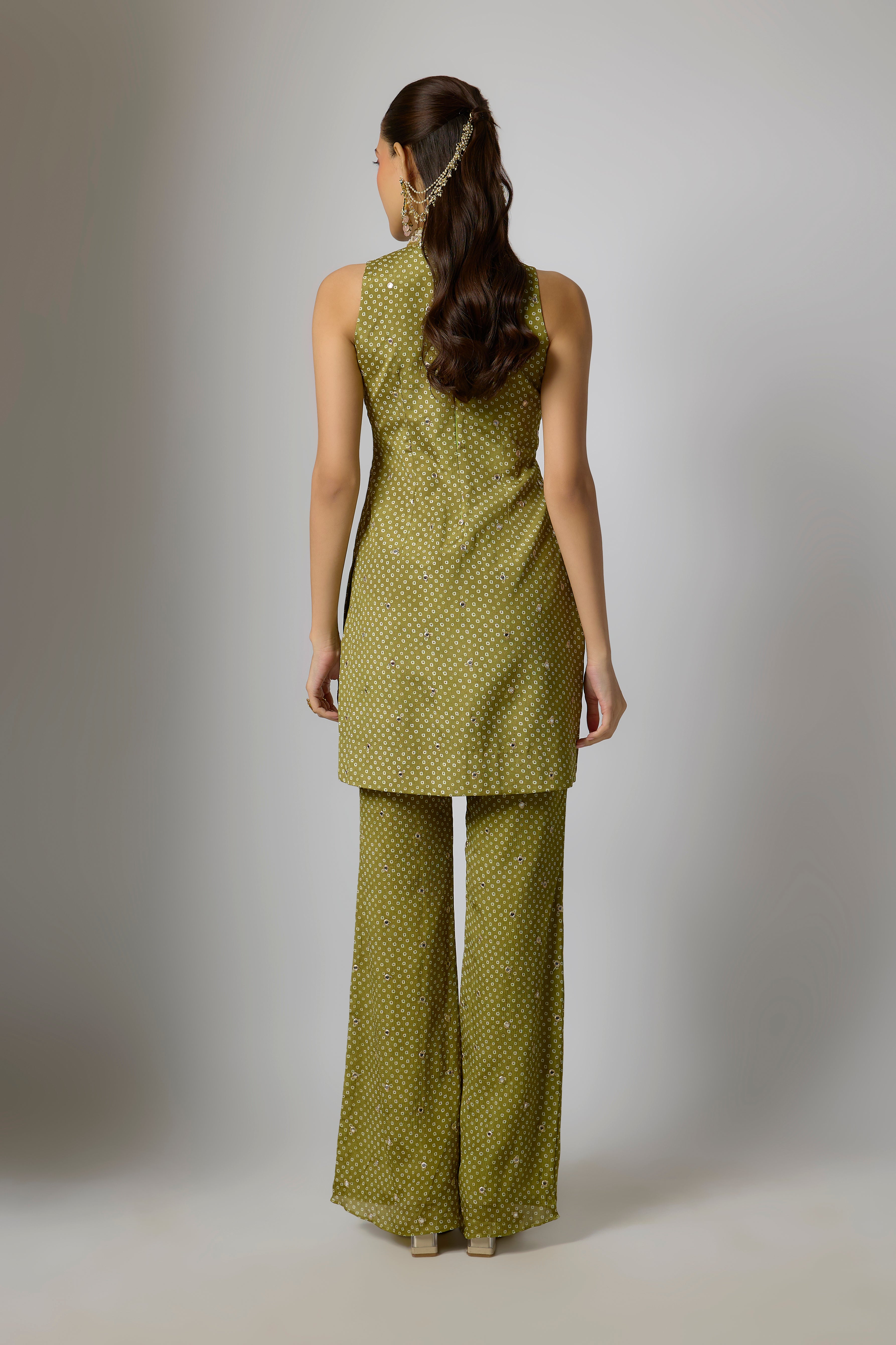 Mehendi Green Chinon Kurta Palazzo Set