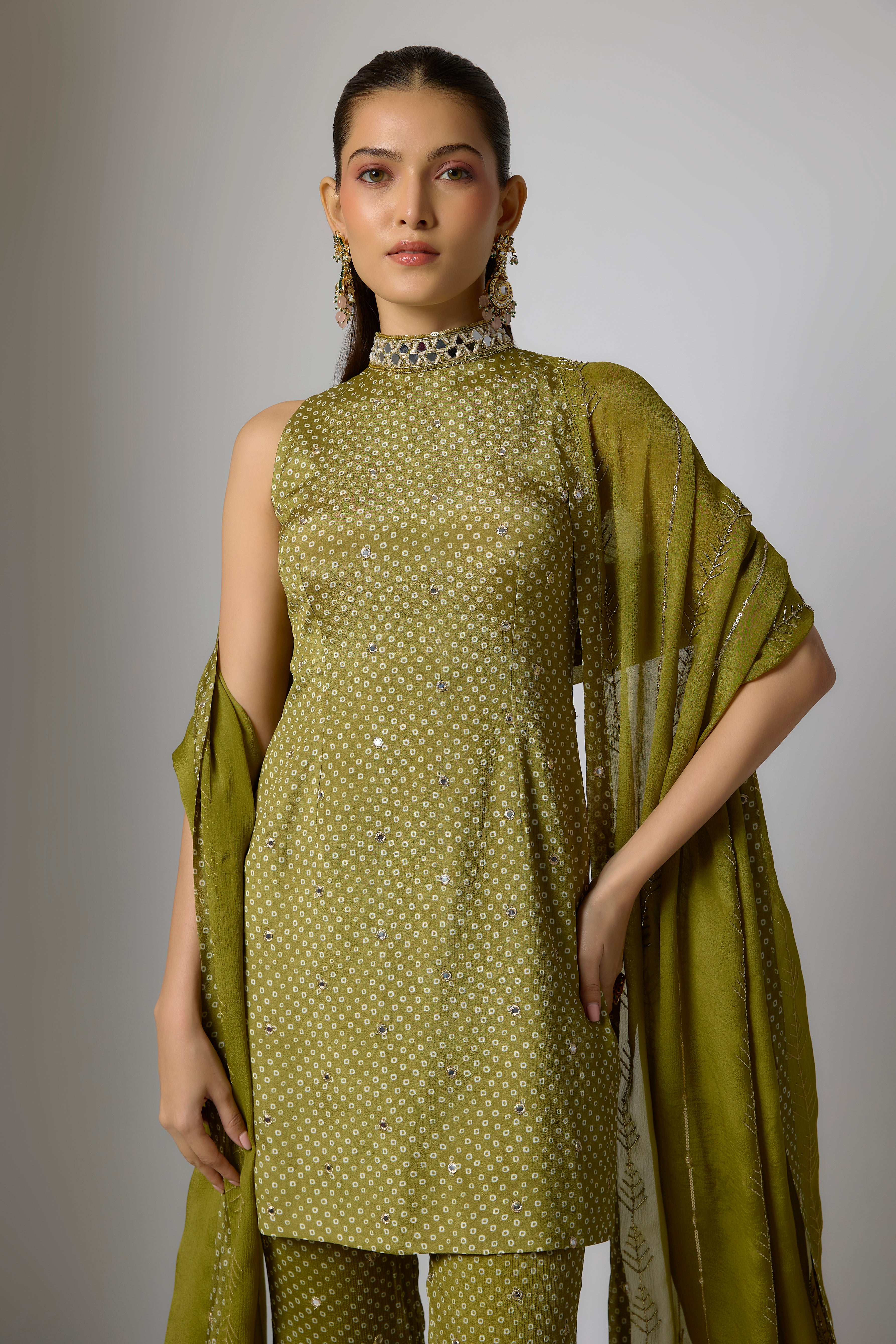 Mehendi Green Chinon Kurta Palazzo Set