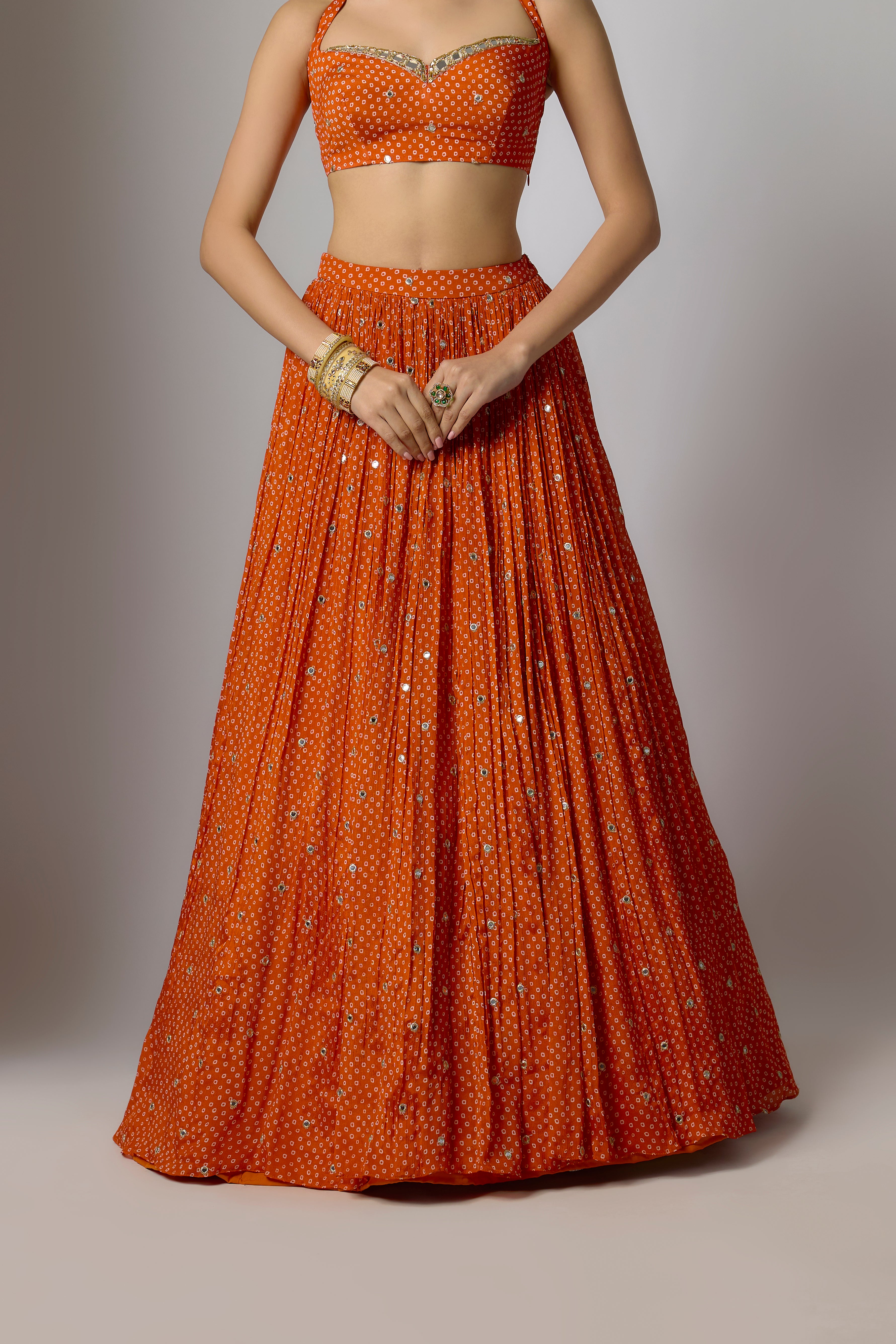 Orange Chinon Embroidered Lehenga Set