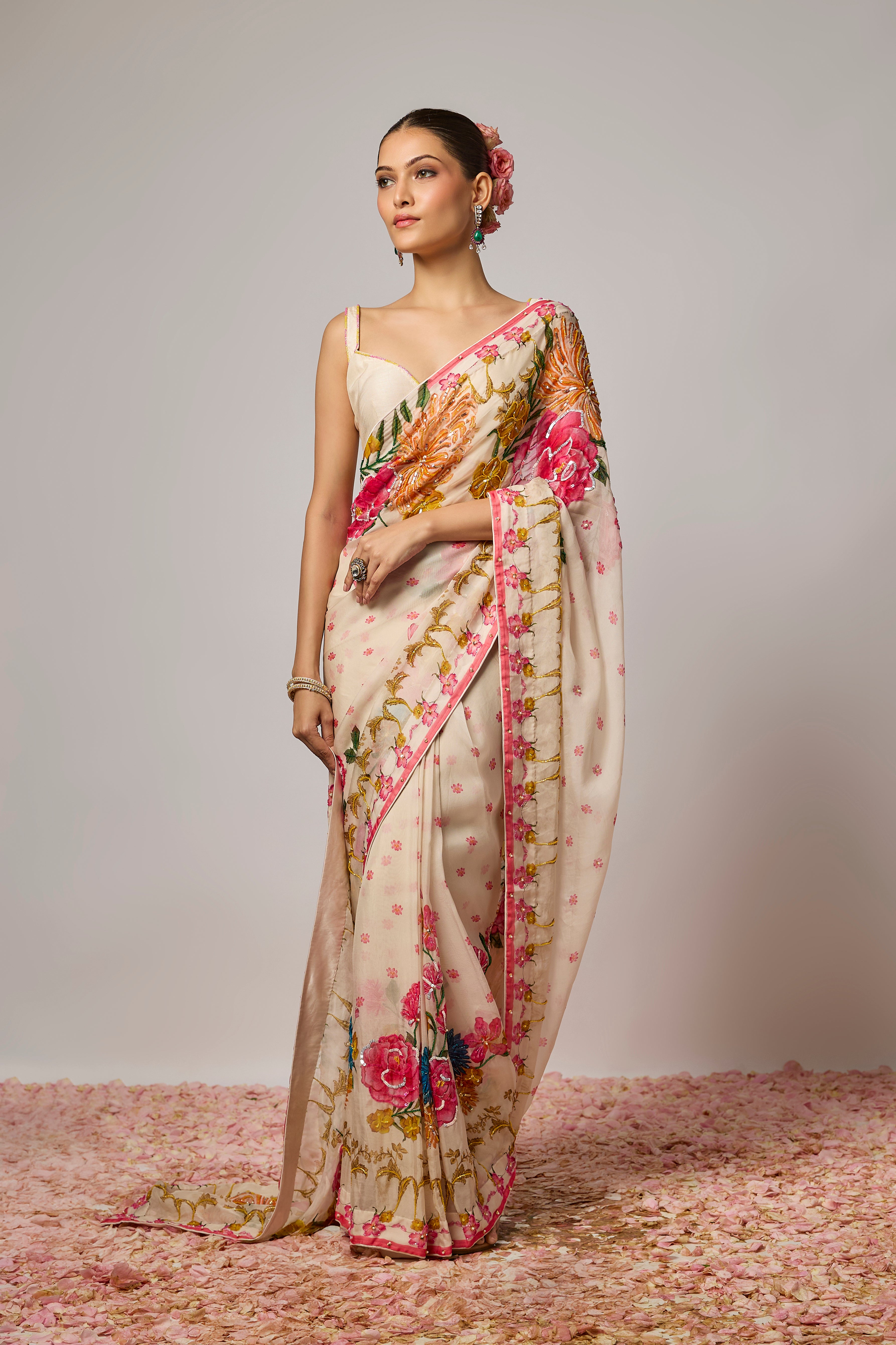 Ivory Organza Embroidered Floral Pre-Draped Saree Set