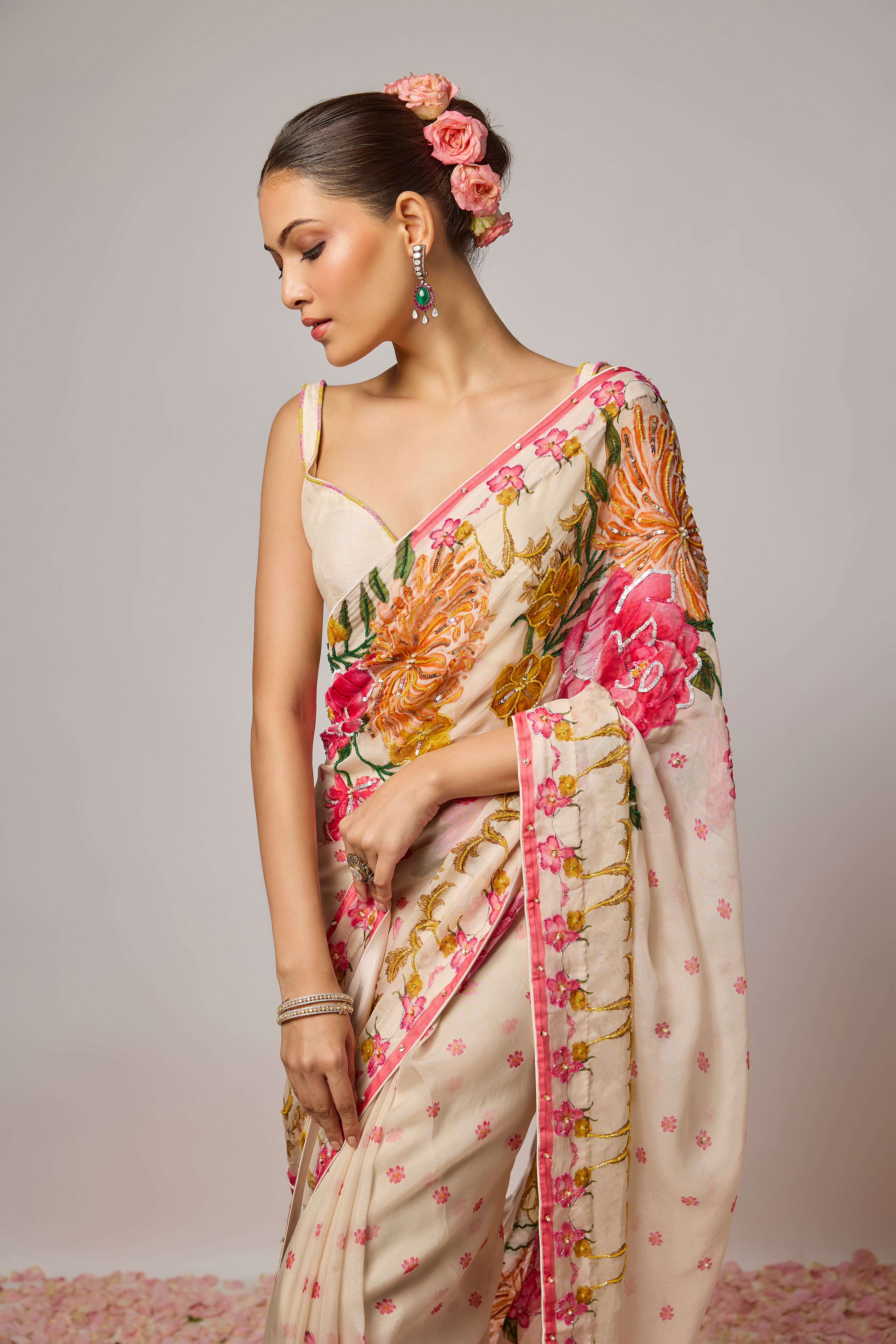 Ivory Organza Embroidered Floral Pre-Draped Saree Set