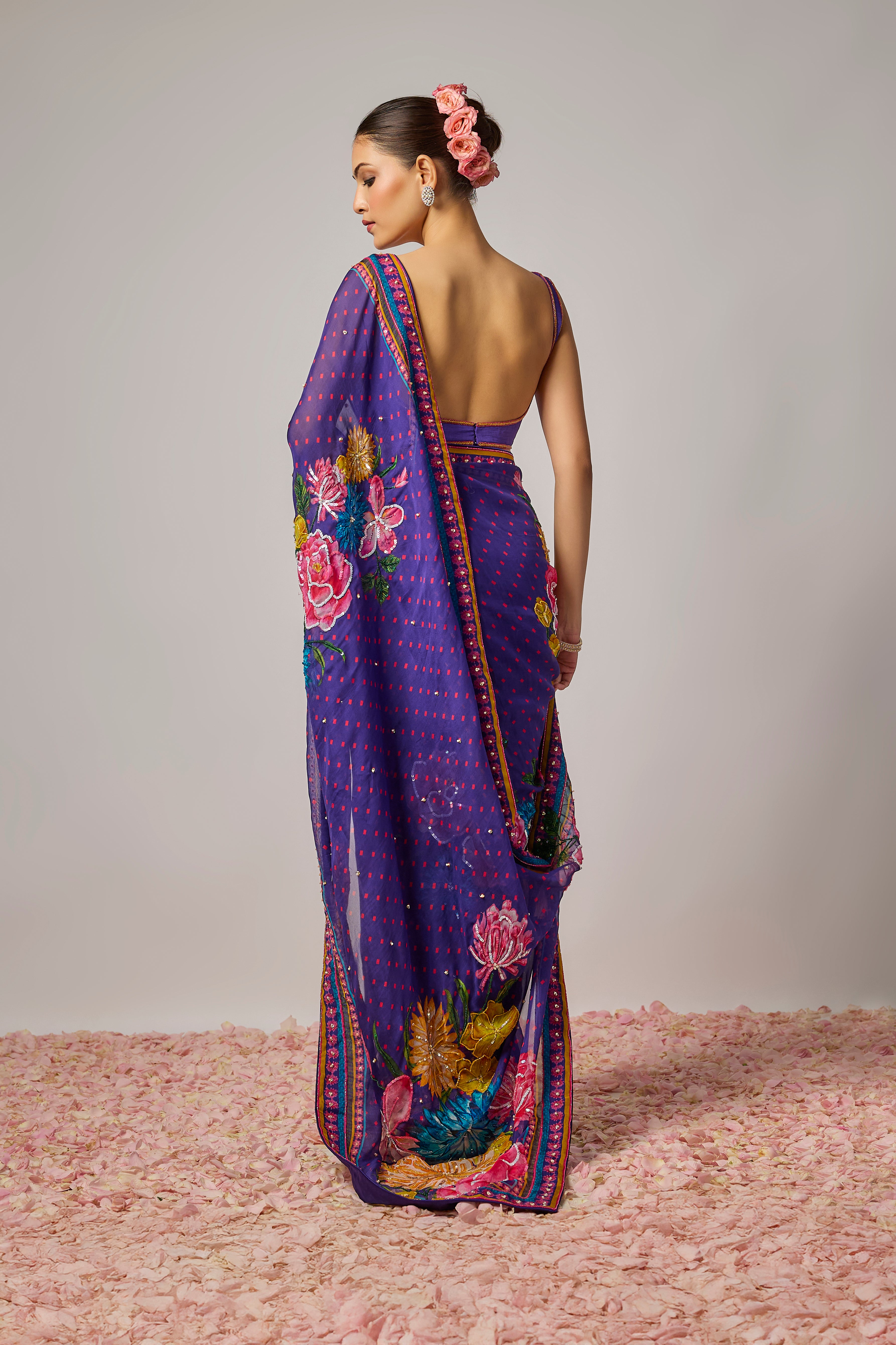 Deep Purple Organza Embroidered Floral Pre-Draped Saree Set