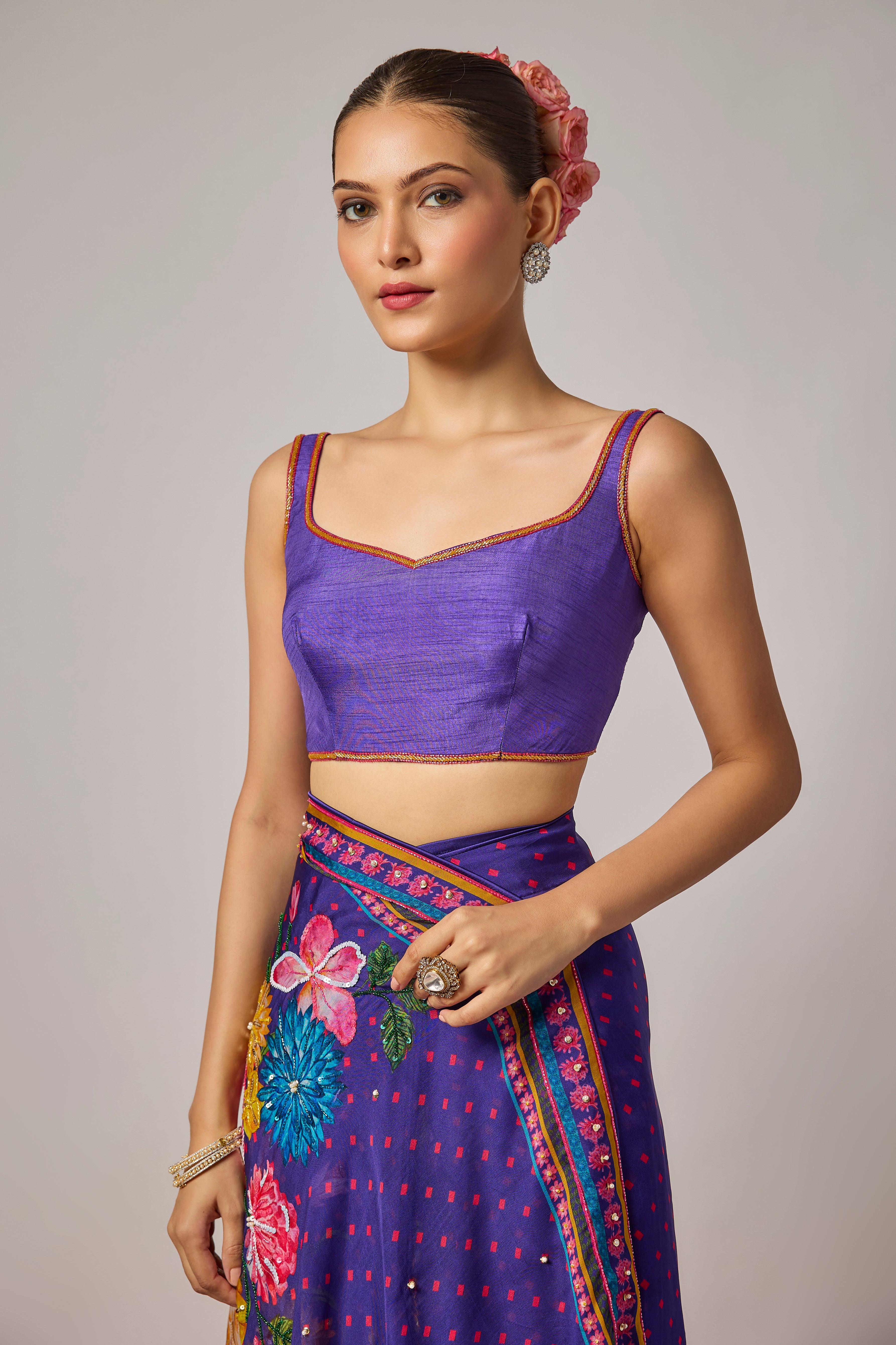 Deep Purple Organza Embroidered Floral Pre-Draped Saree Set