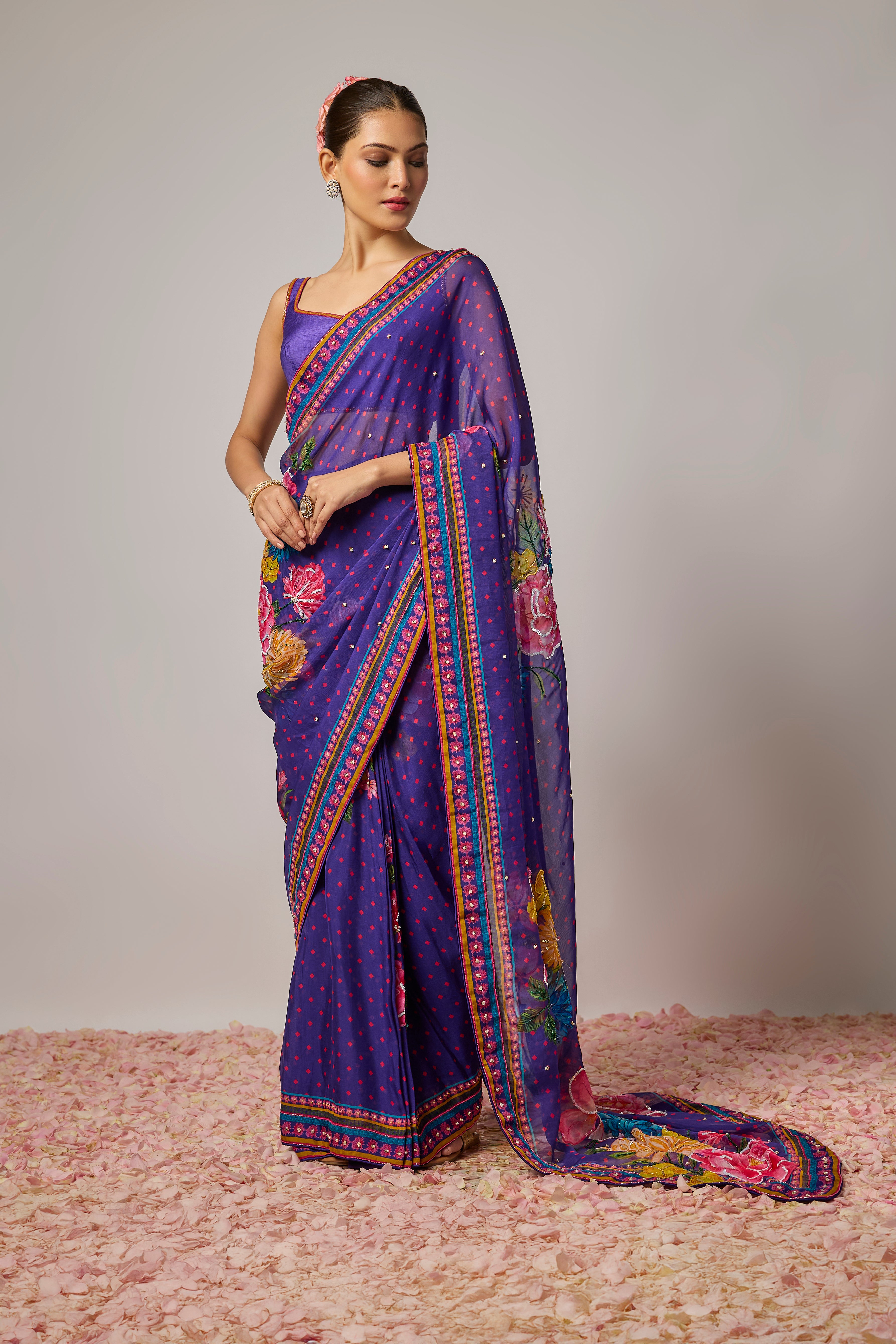 Deep Purple Organza Embroidered Floral Pre-Draped Saree Set