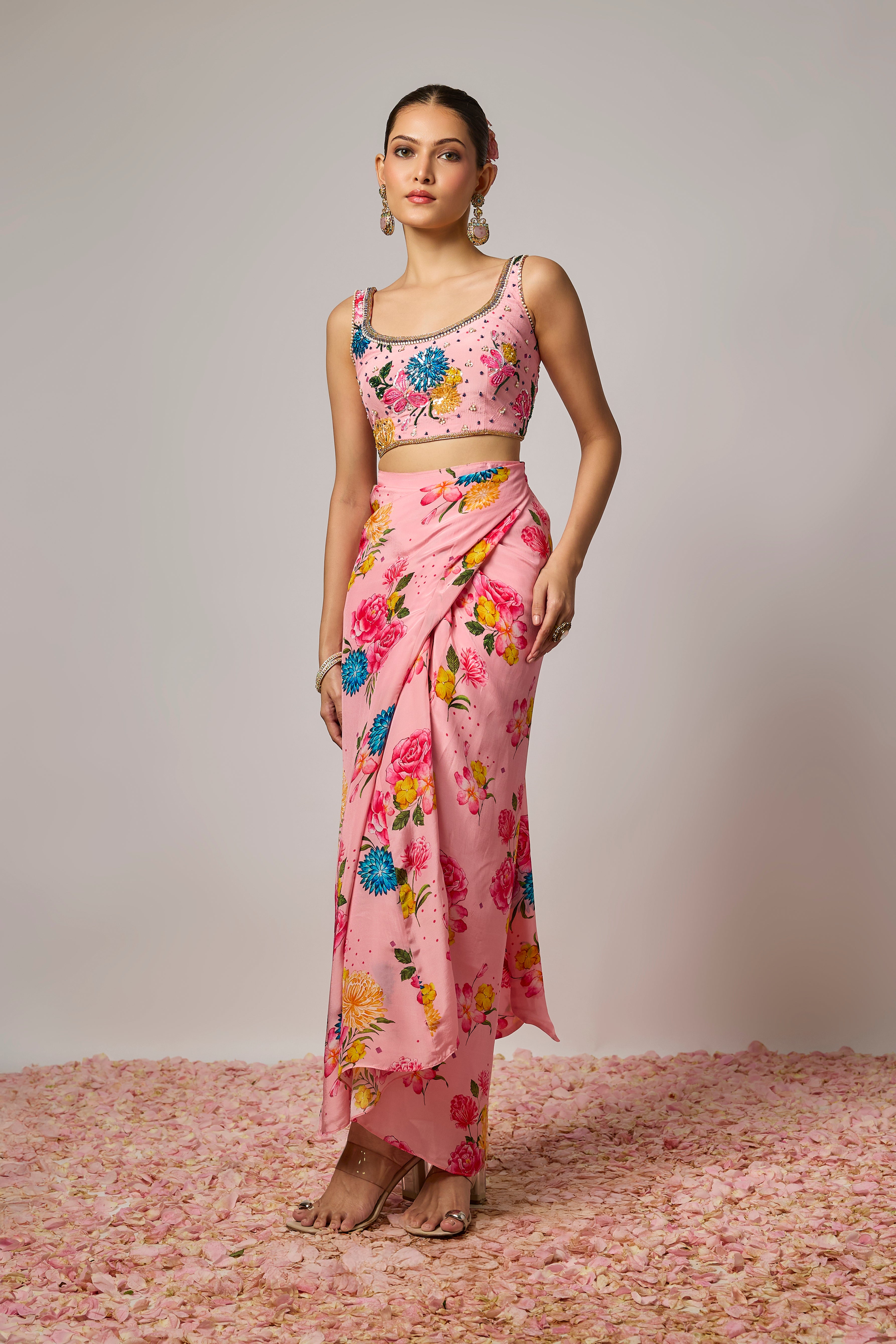 Blush Pink Pure Crepe Floral Printed Dhoti Set
