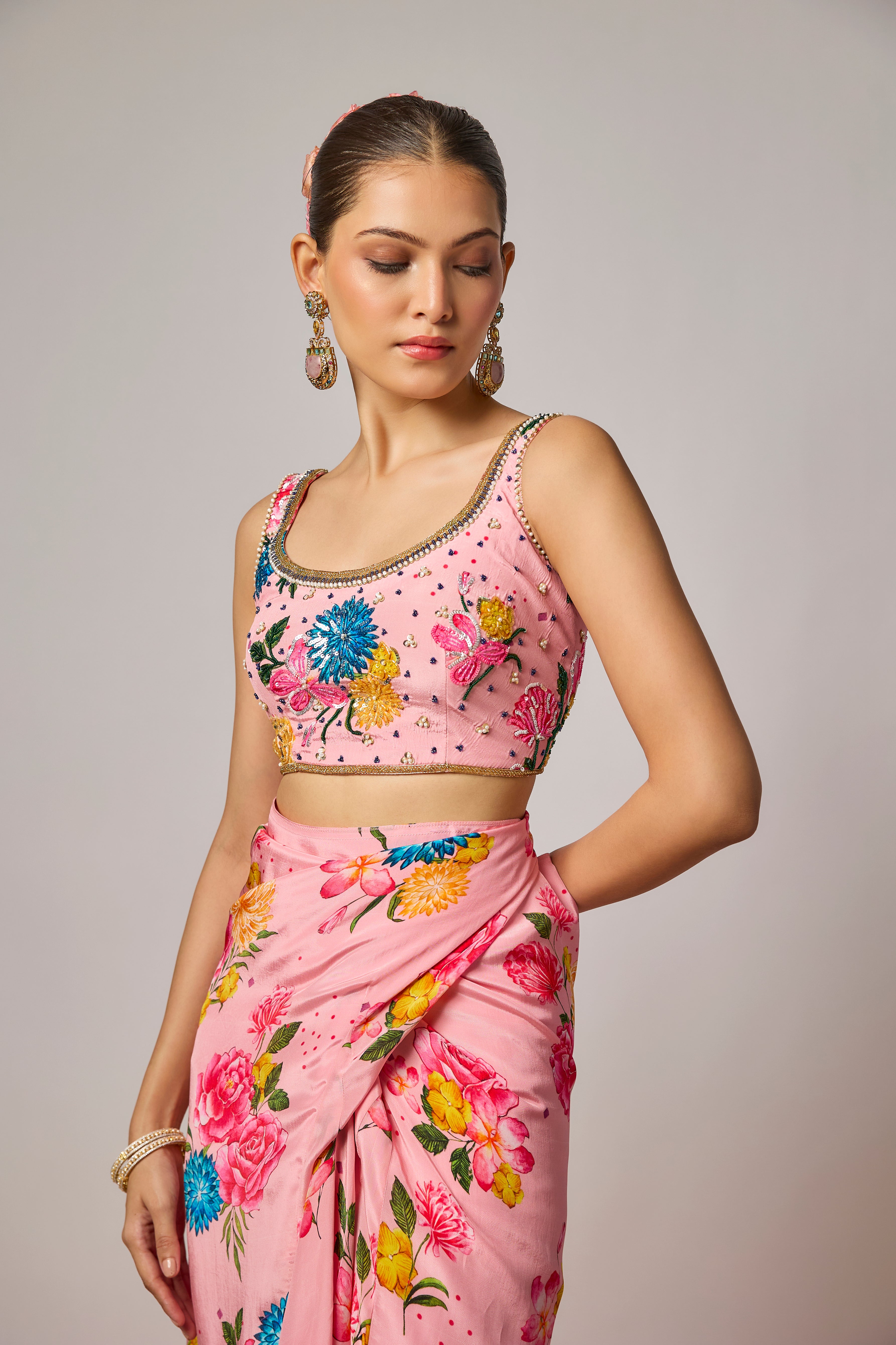 Blush Pink Pure Crepe Floral Printed Dhoti Set
