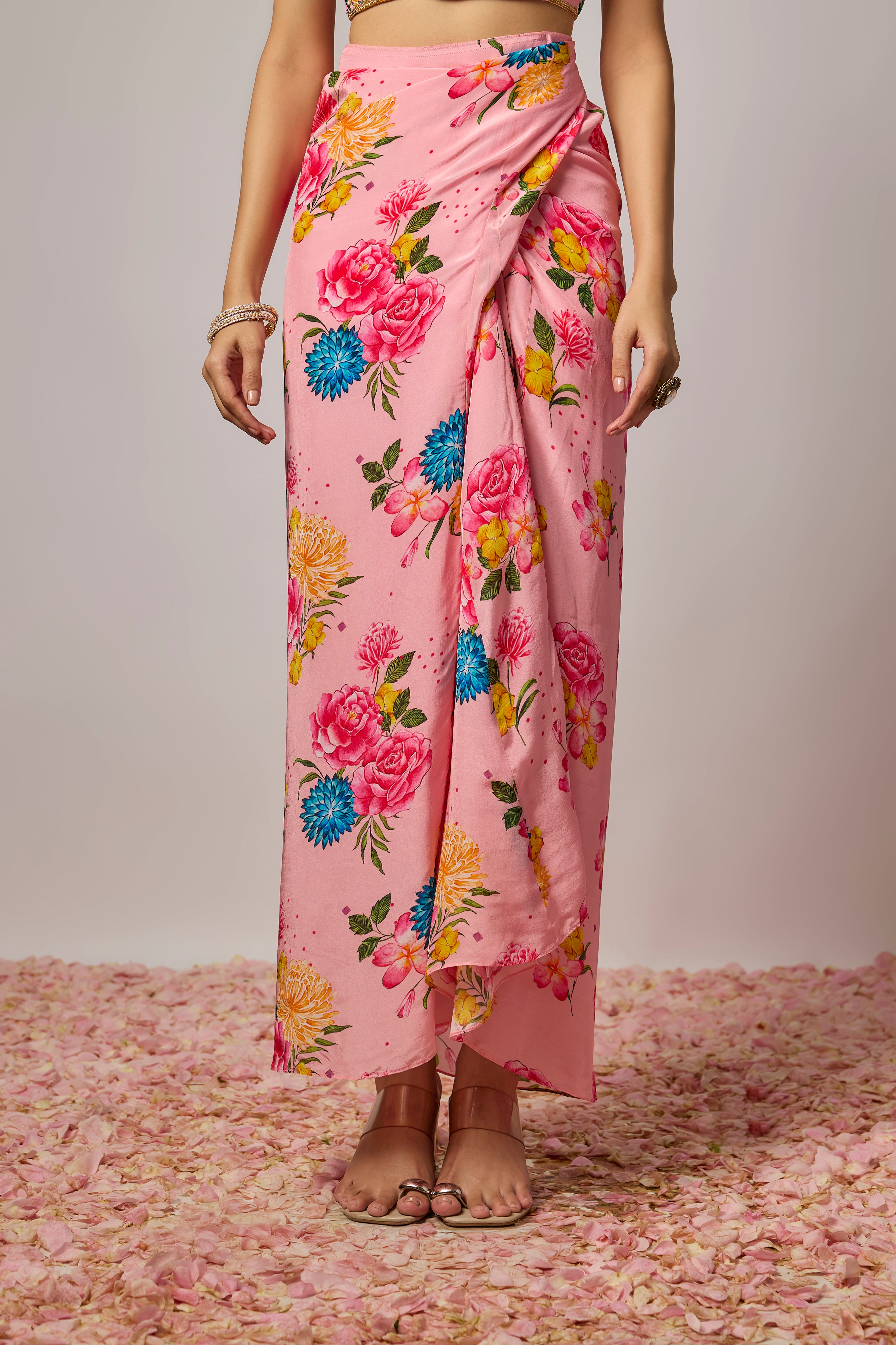 Blush Pink Pure Crepe Floral Printed Dhoti Set