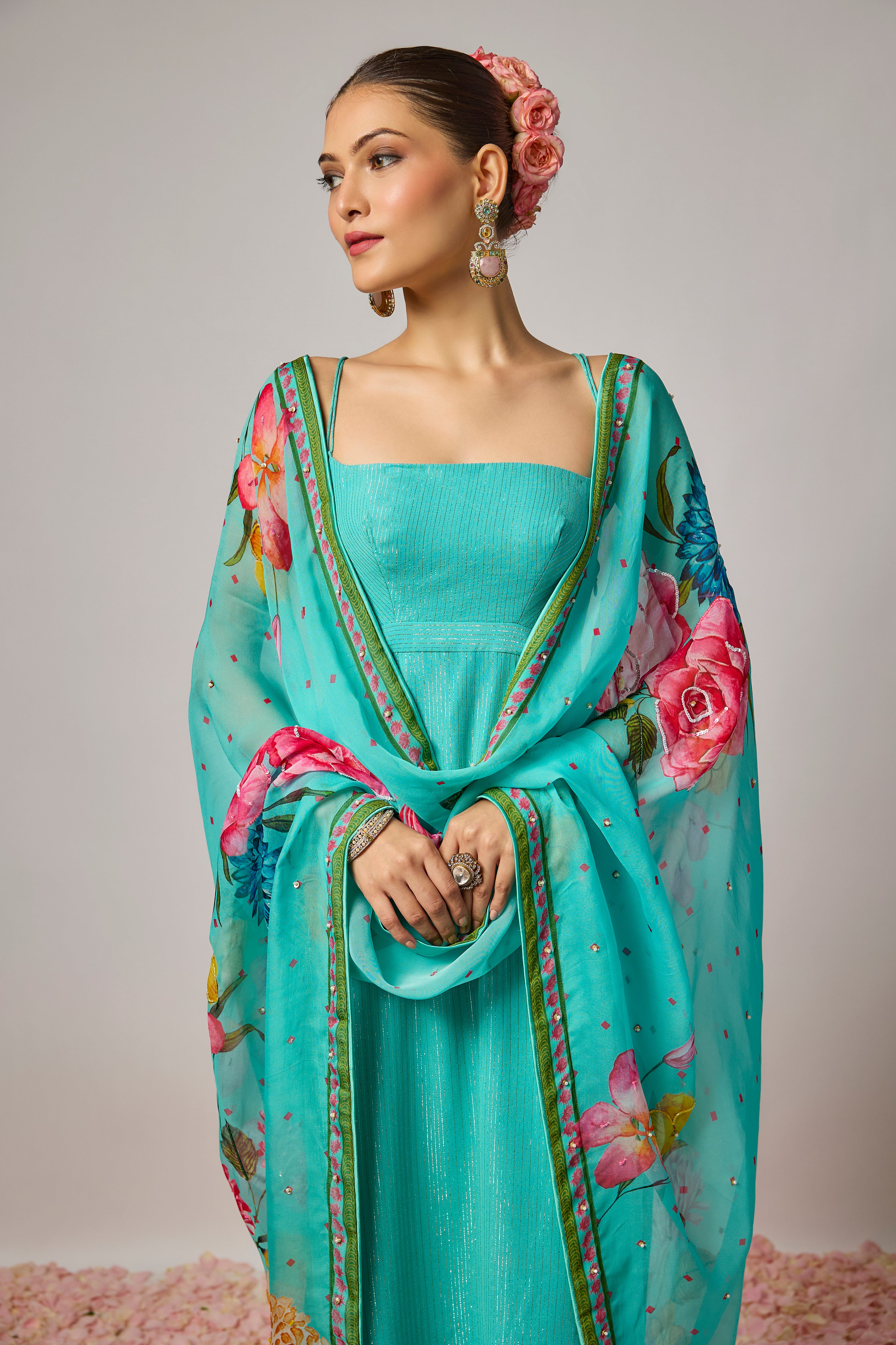 Aqua Blue Floral Embroidered Kurta Set