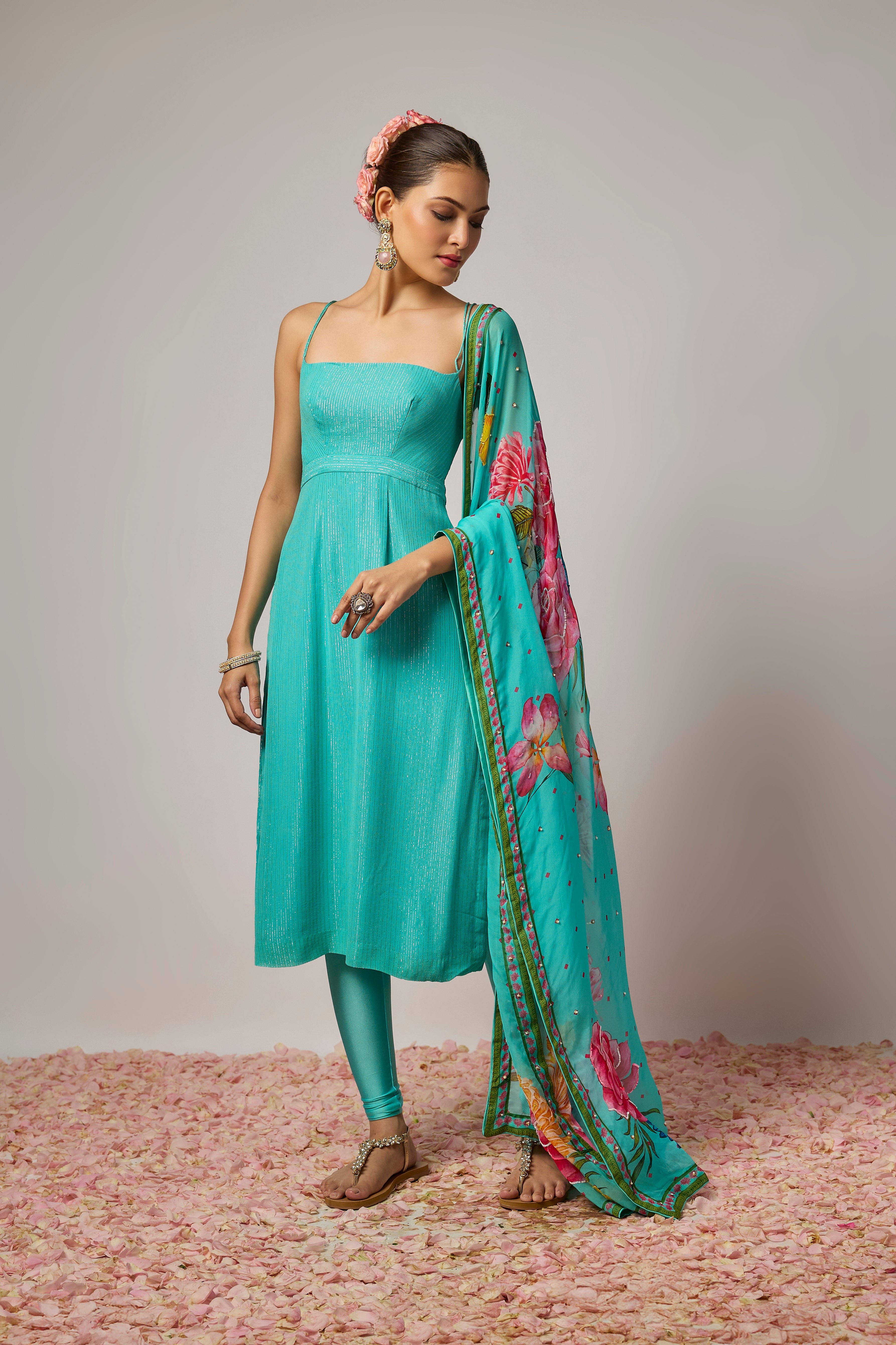 Aqua Blue Floral Embroidered Kurta Set