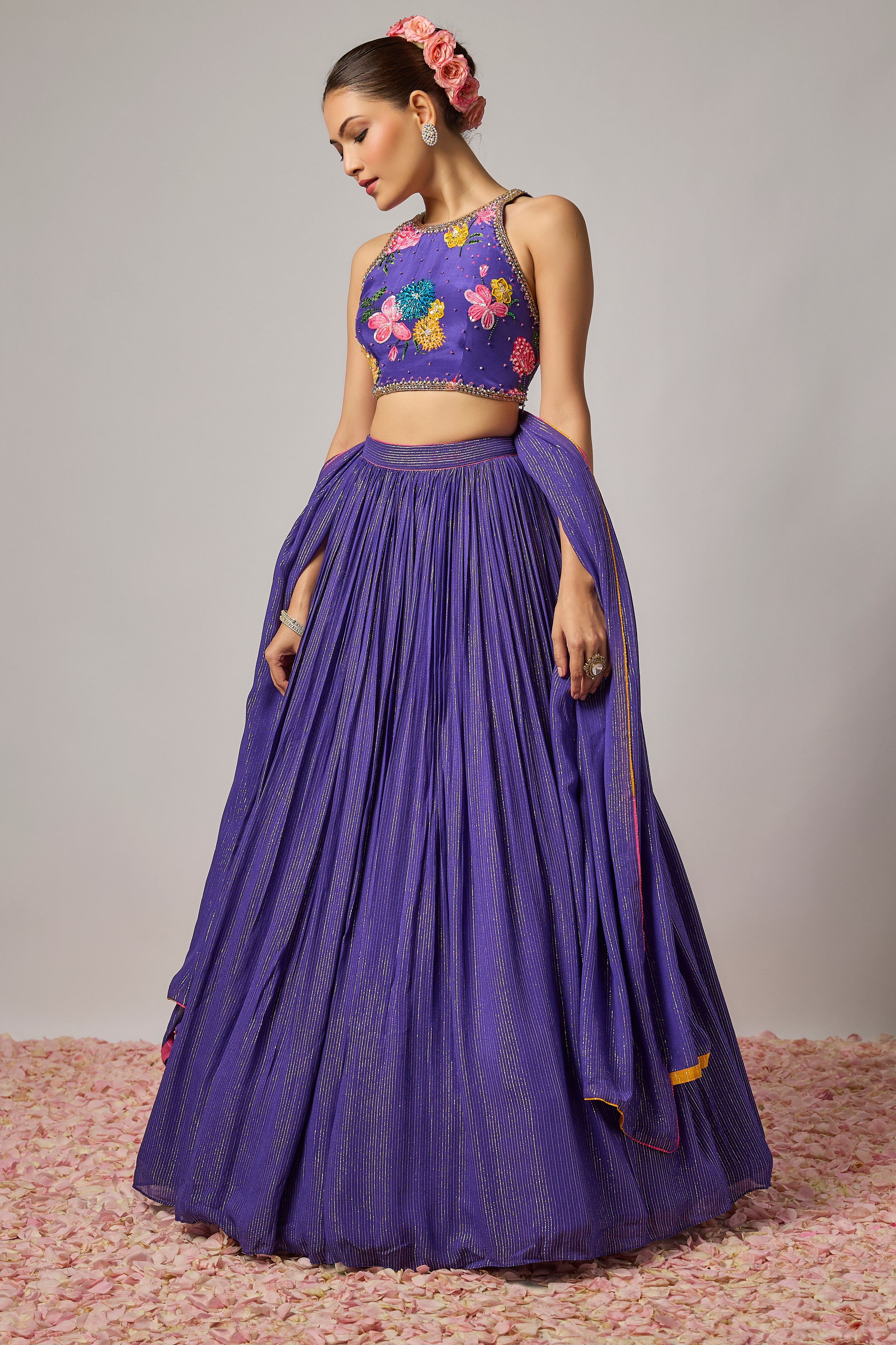 Deep Purple Hand-Embroidered Floral Lehenga Set