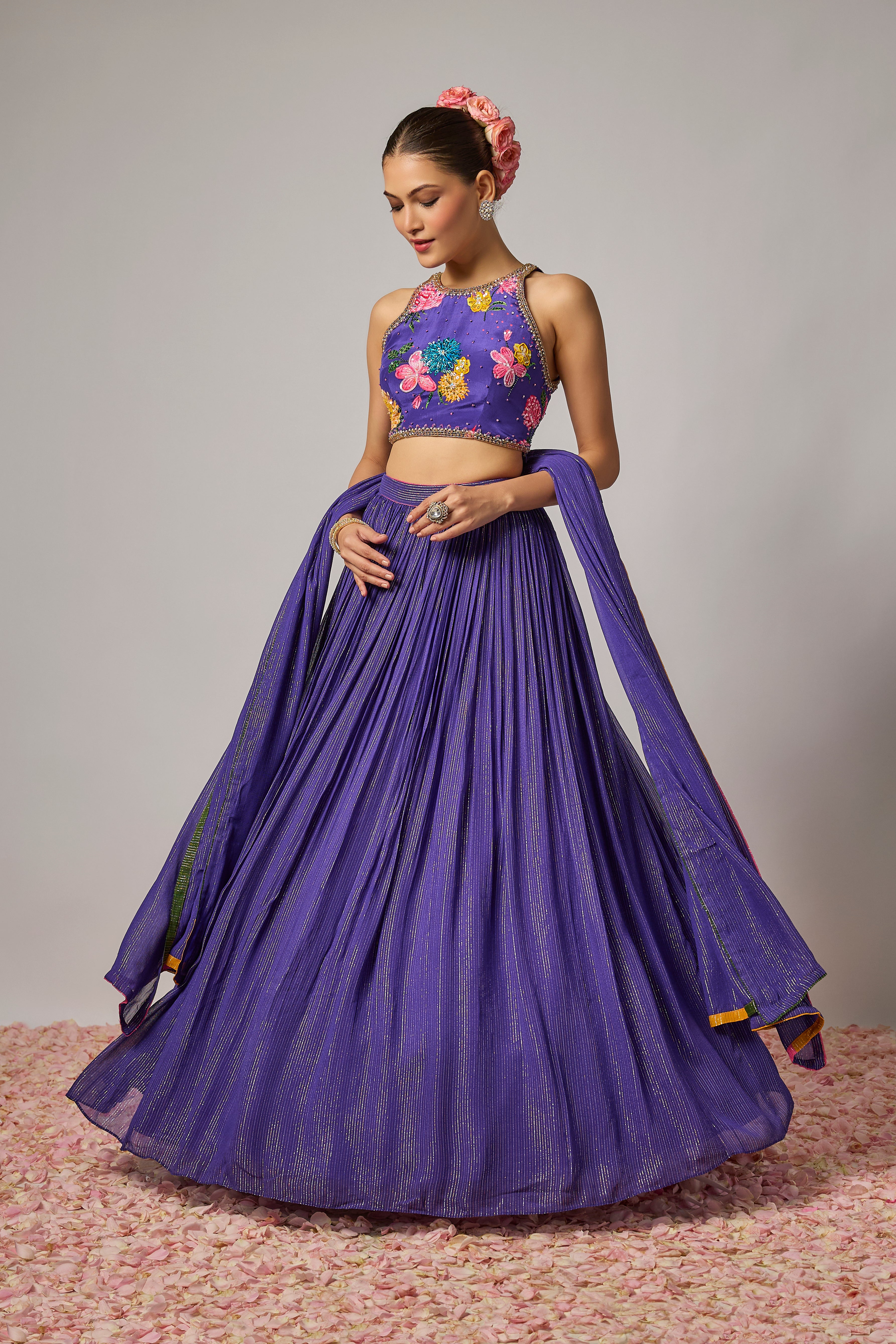 Deep Purple Hand-Embroidered Floral Lehenga Set