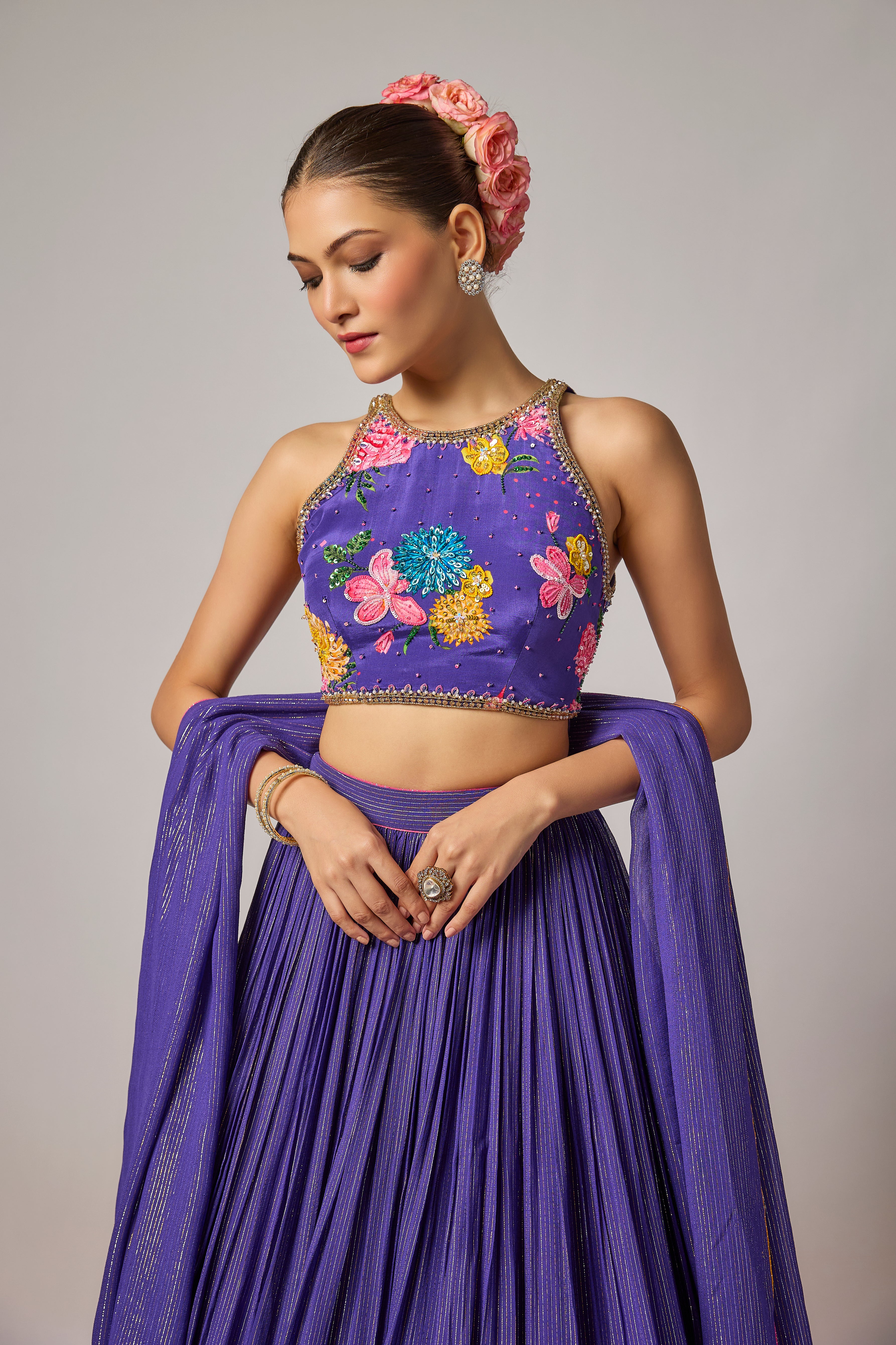 Deep Purple Hand-Embroidered Floral Lehenga Set