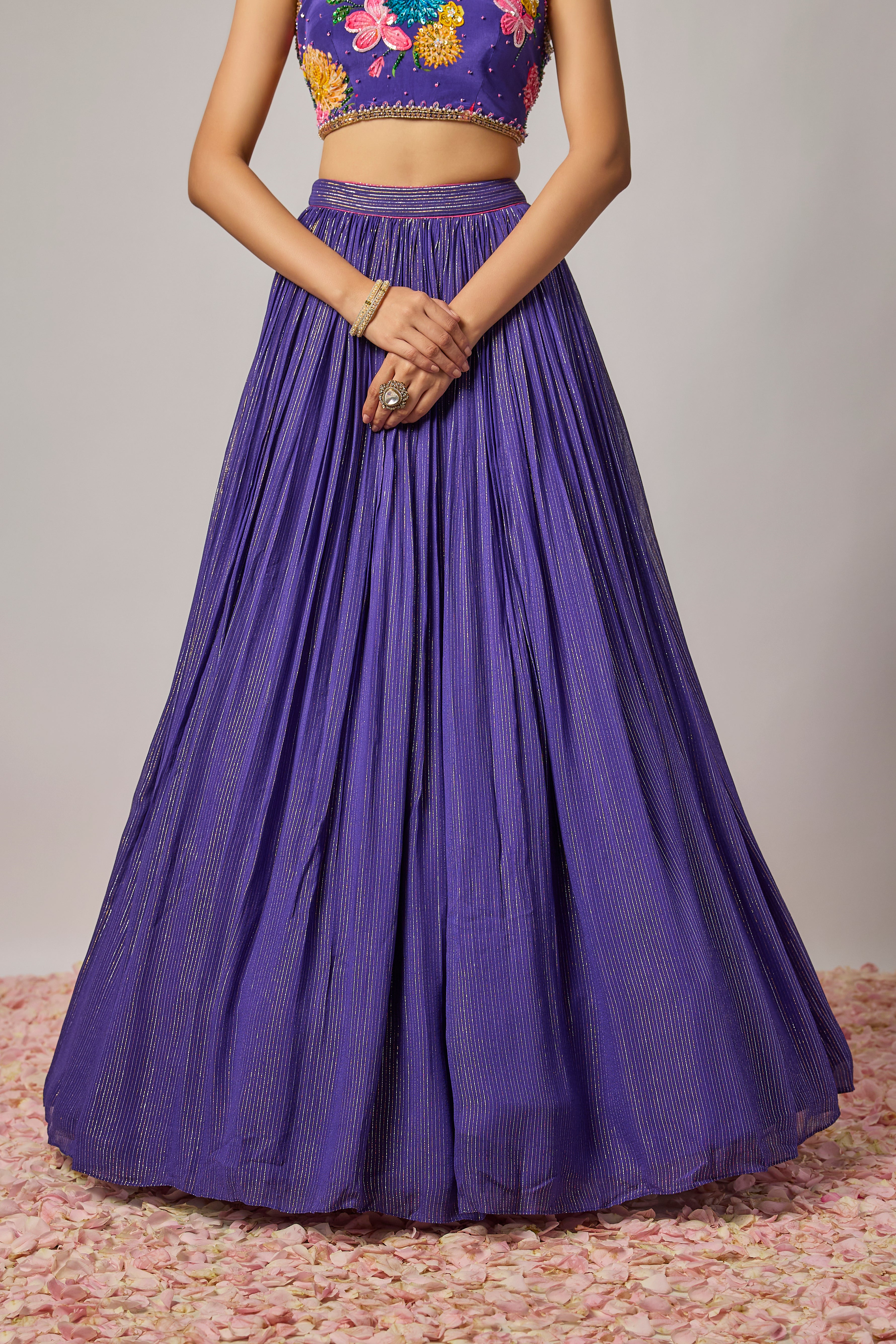 Deep Purple Hand-Embroidered Floral Lehenga Set