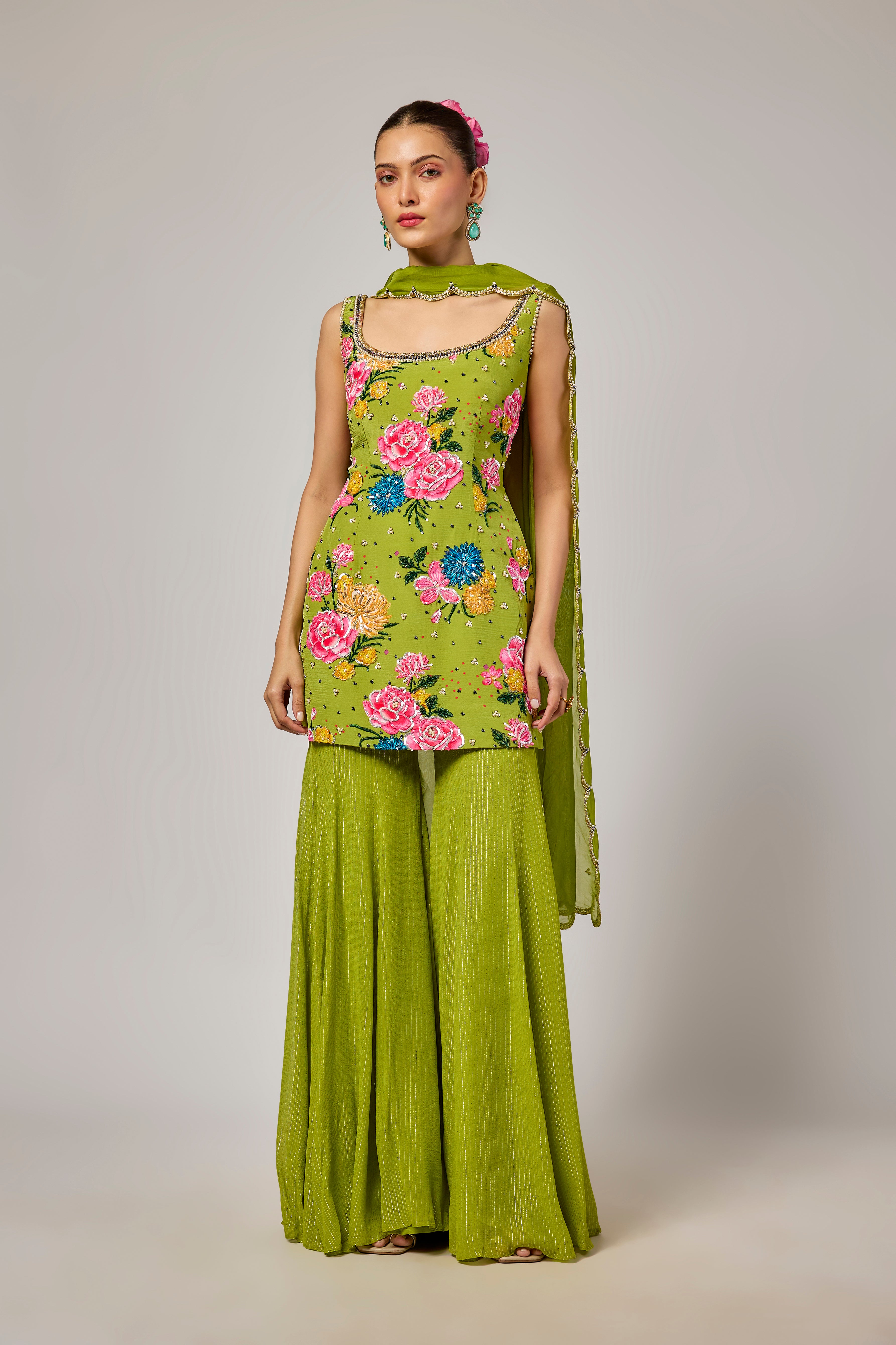 Mehendi Green Floral Printed Sharara Set