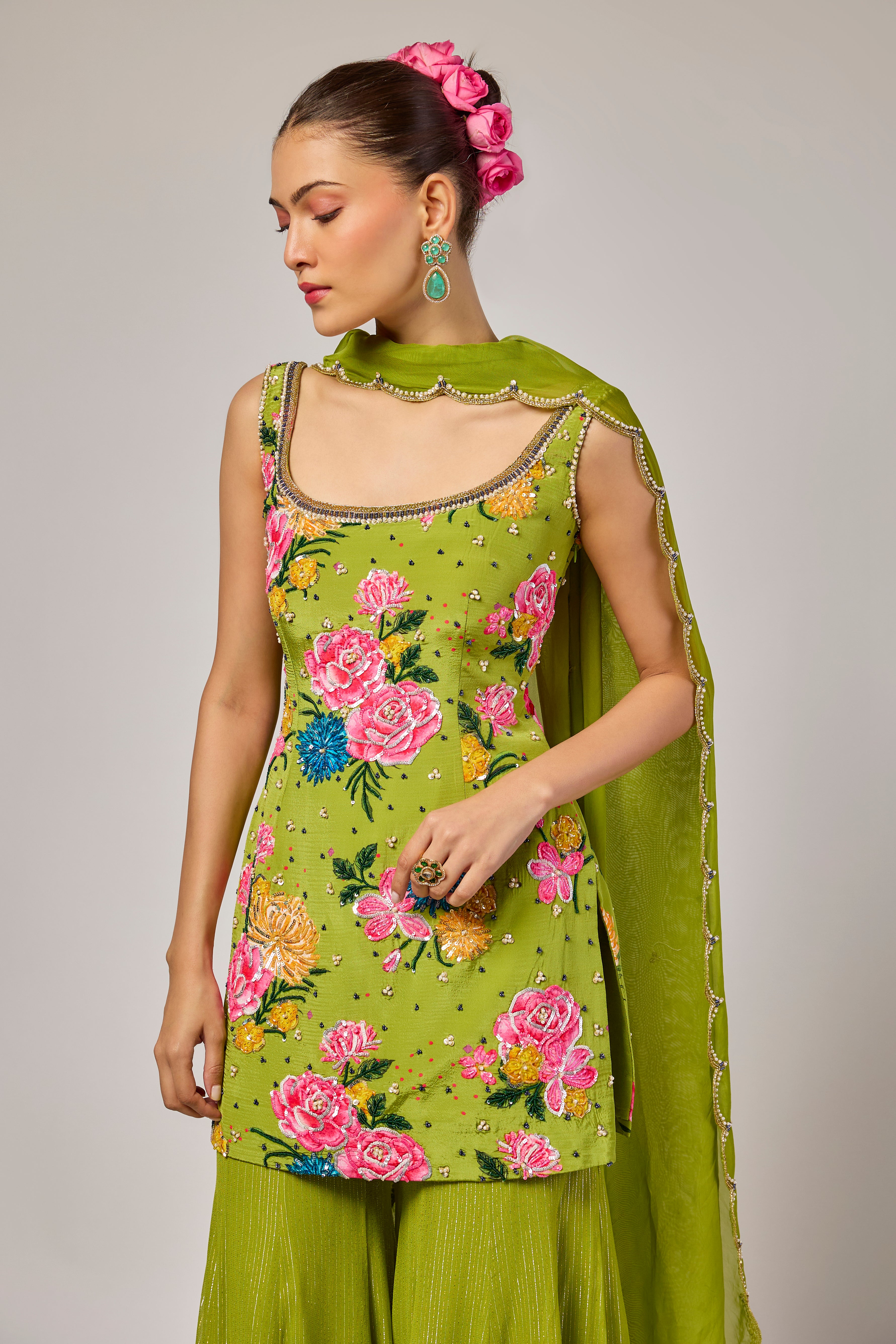 Mehendi Green Floral Printed Sharara Set
