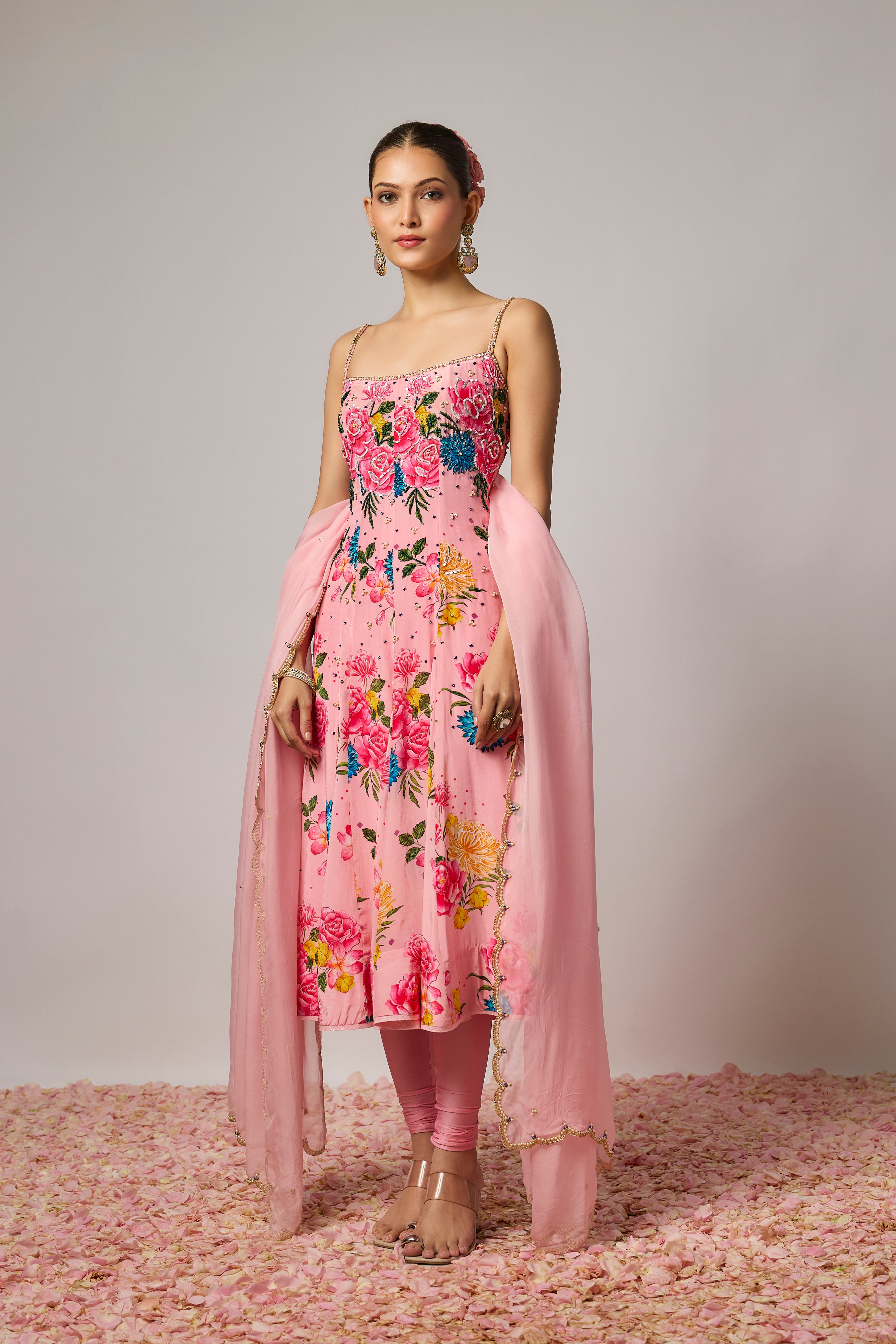 Blush Pink Pure Crepe Floral Embroidered Anarkali Set