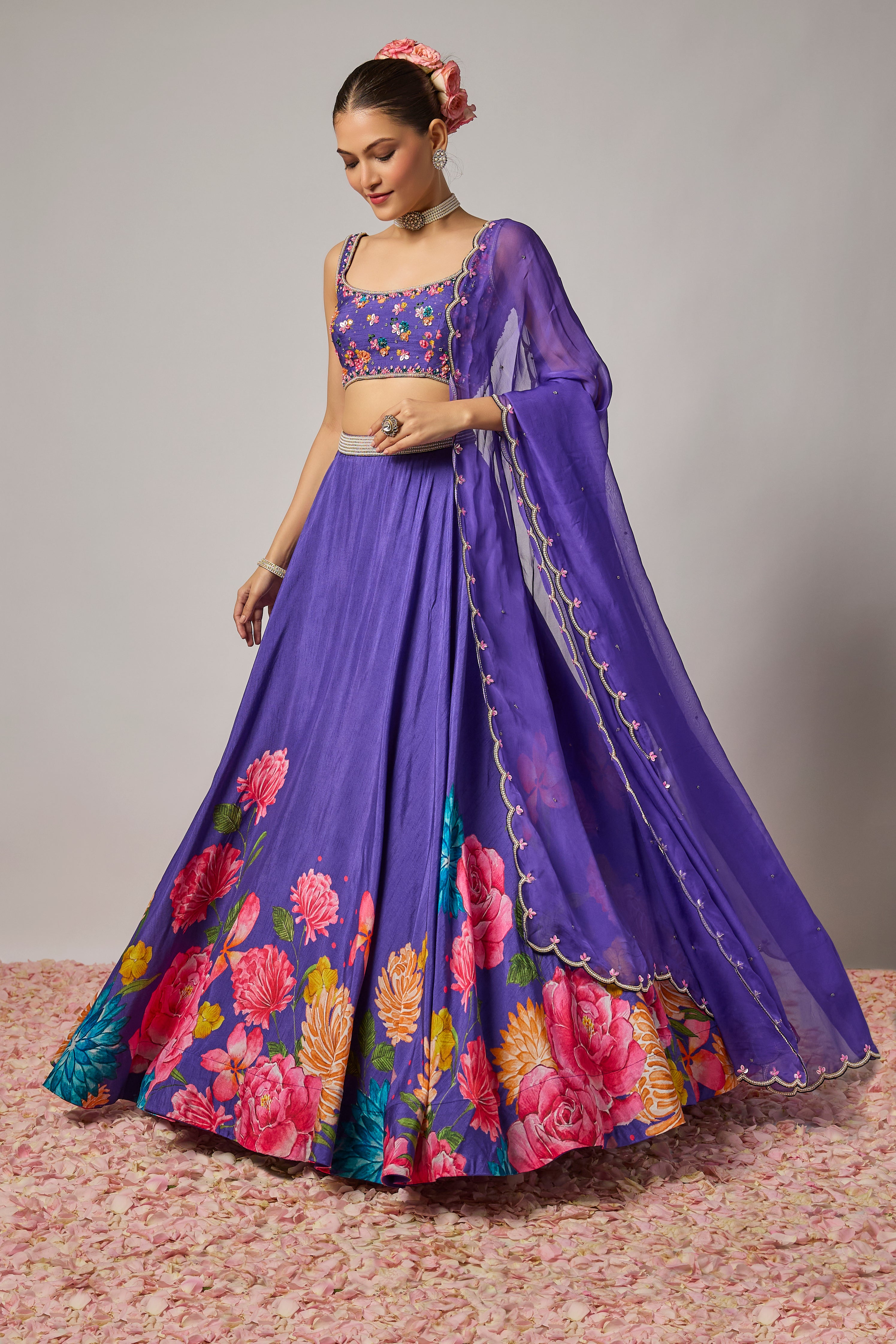 Deep Purple Dola Silk Floral Printed Lehenga Set