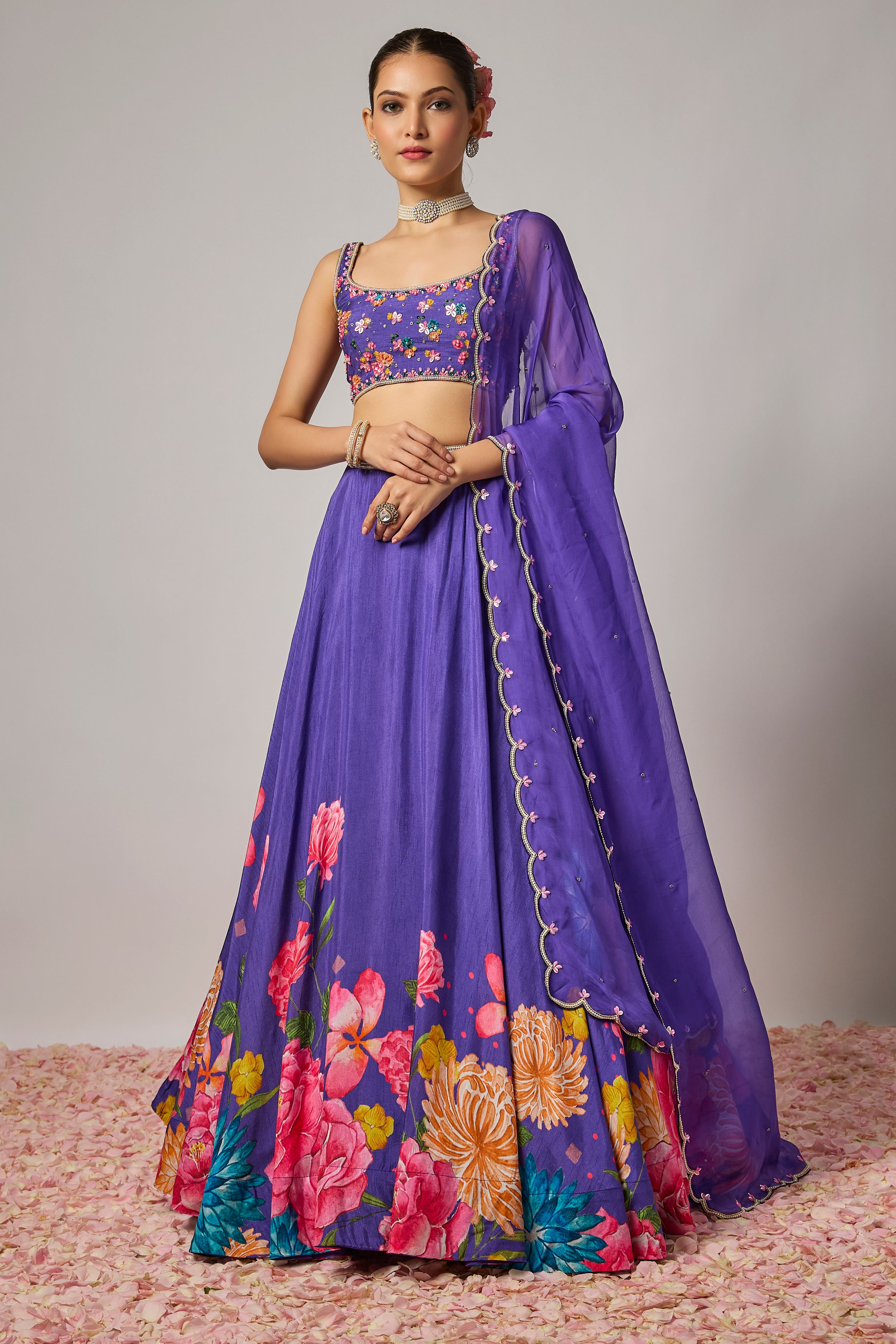 Deep Purple Dola Silk Floral Printed Lehenga Set