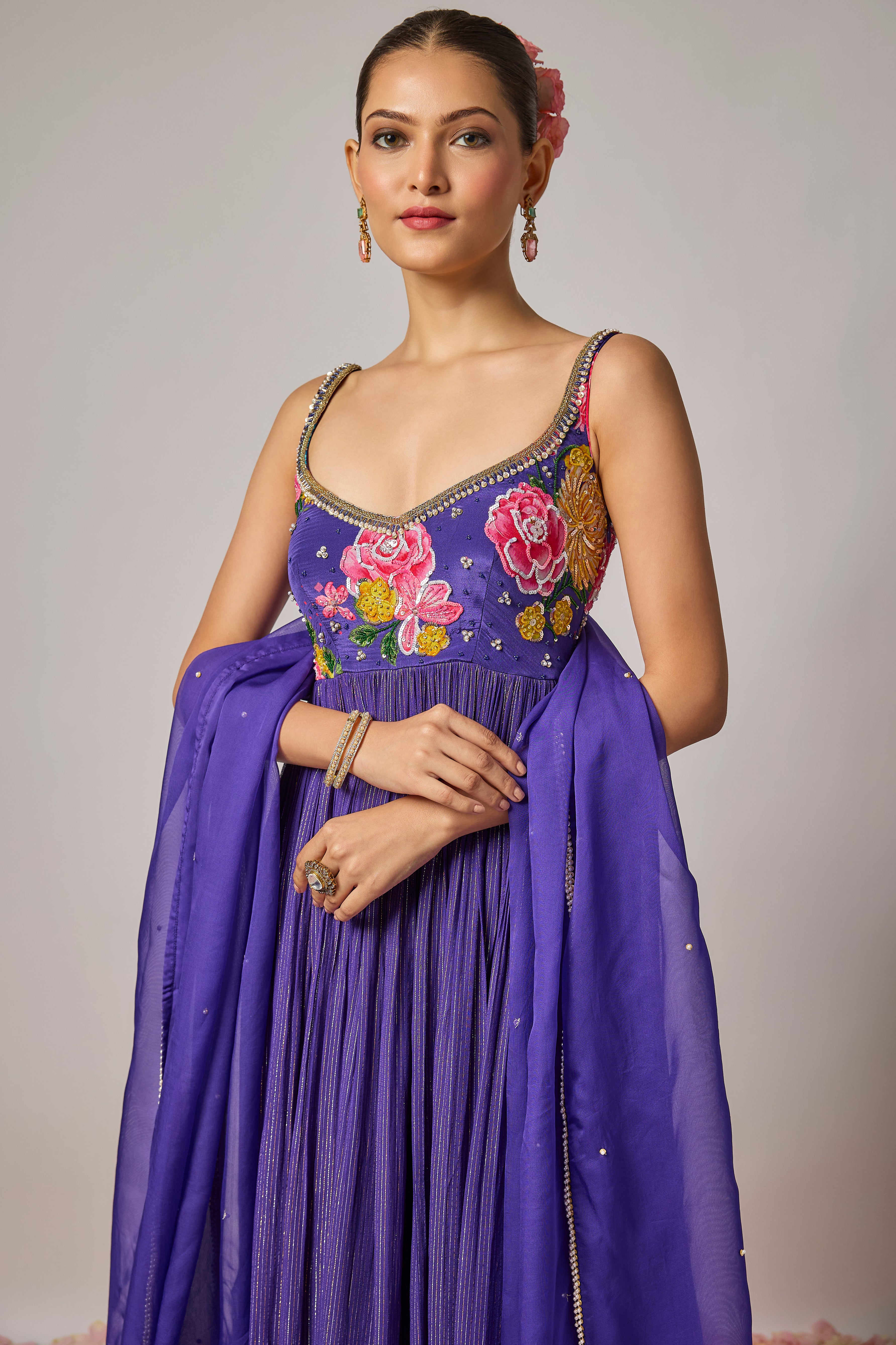 Deep Purple Lurex Georgette Hand-Embroidered Floral Anarkali Set