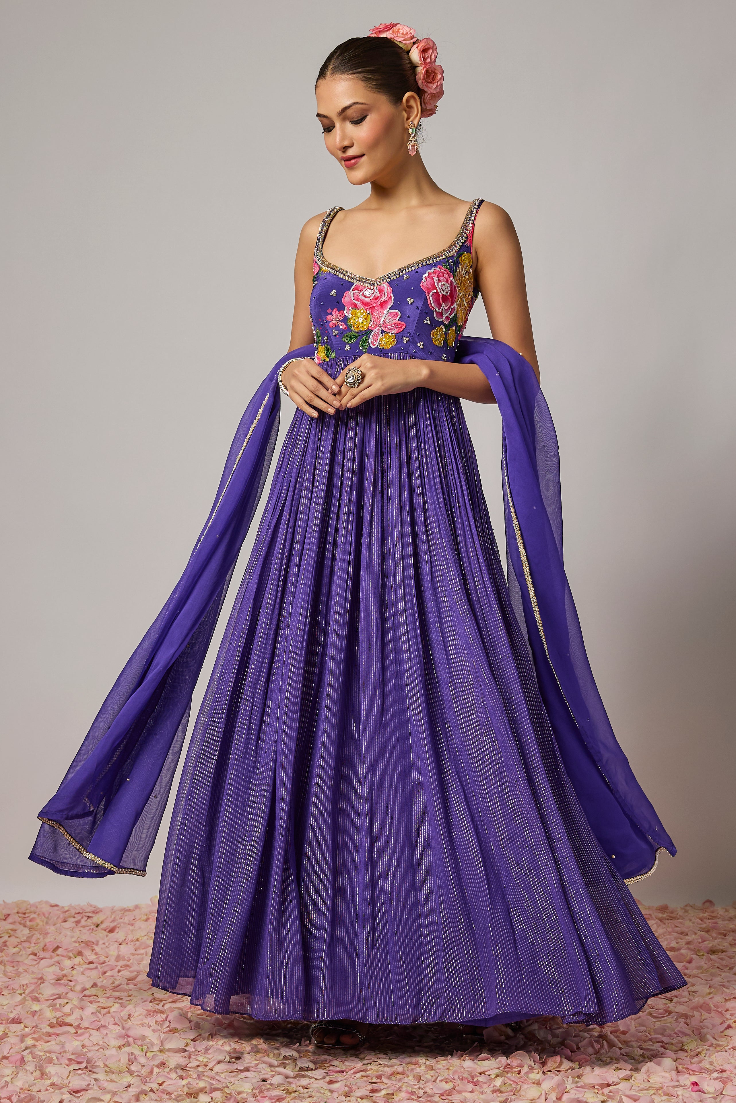 Deep Purple Lurex Georgette Hand-Embroidered Floral Anarkali Set