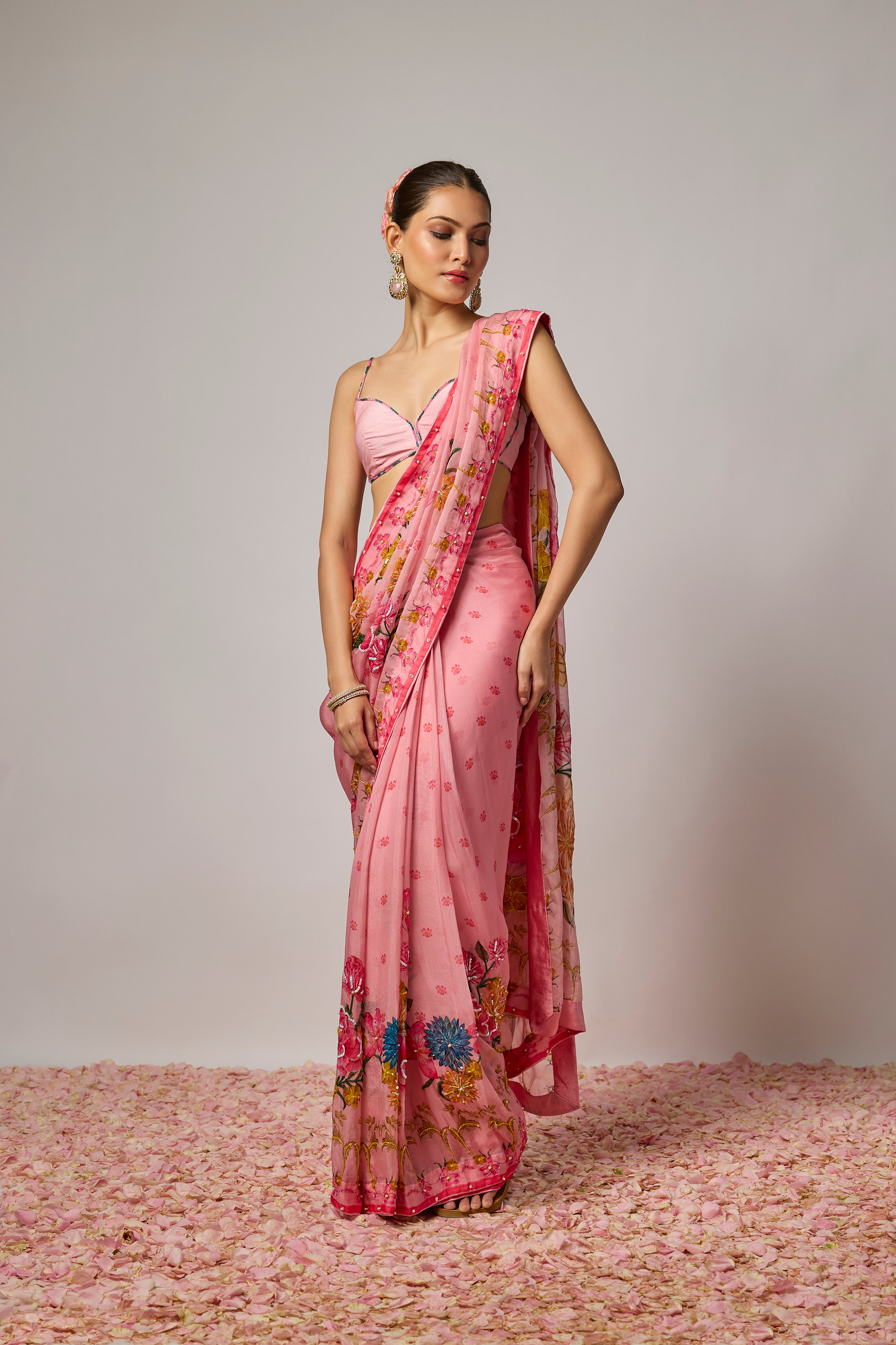 Blush Pink Organza Floral Embroidered Pre-Draped Saree Set
