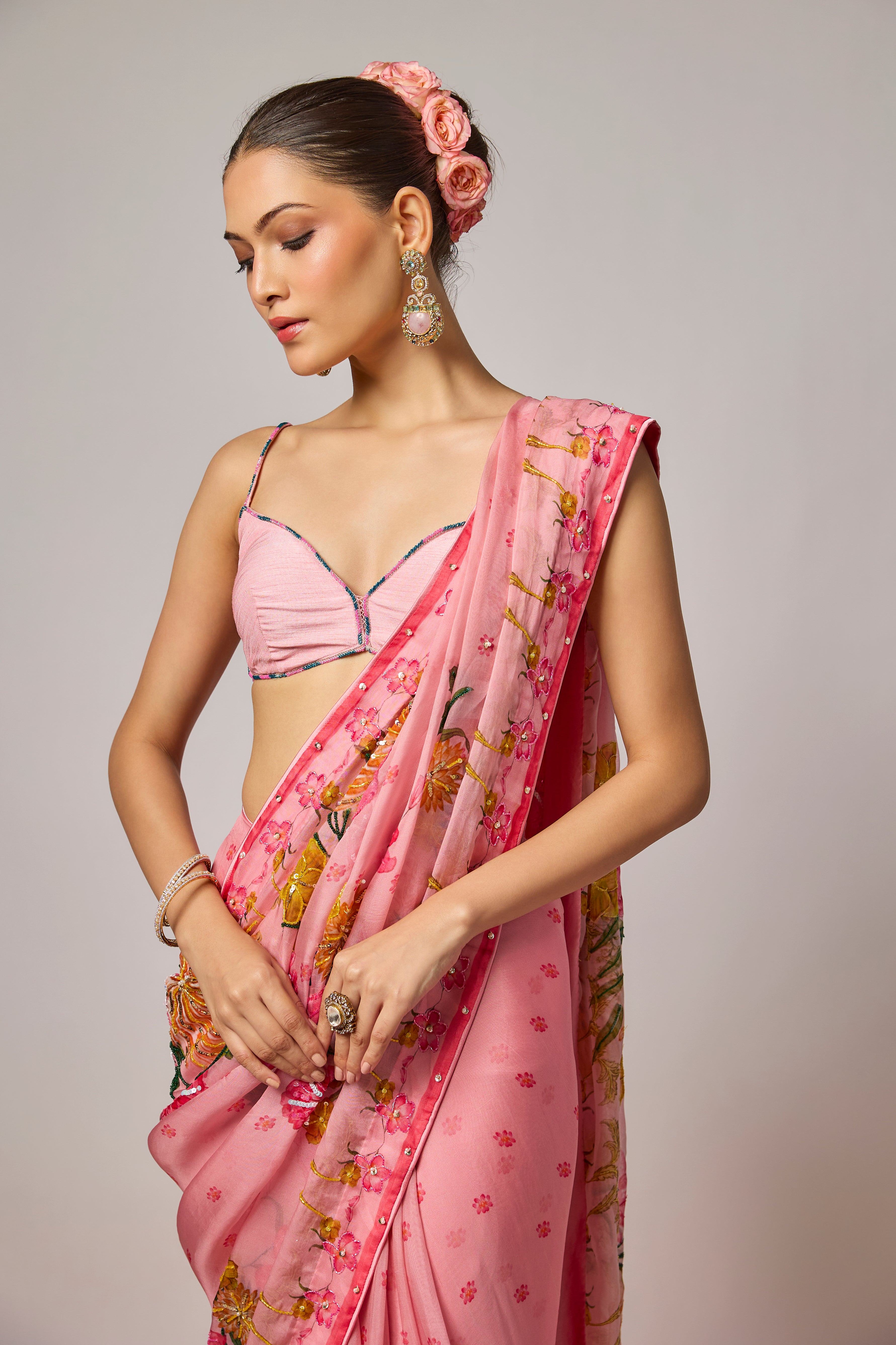 Blush Pink Organza Floral Embroidered Pre-Draped Saree Set
