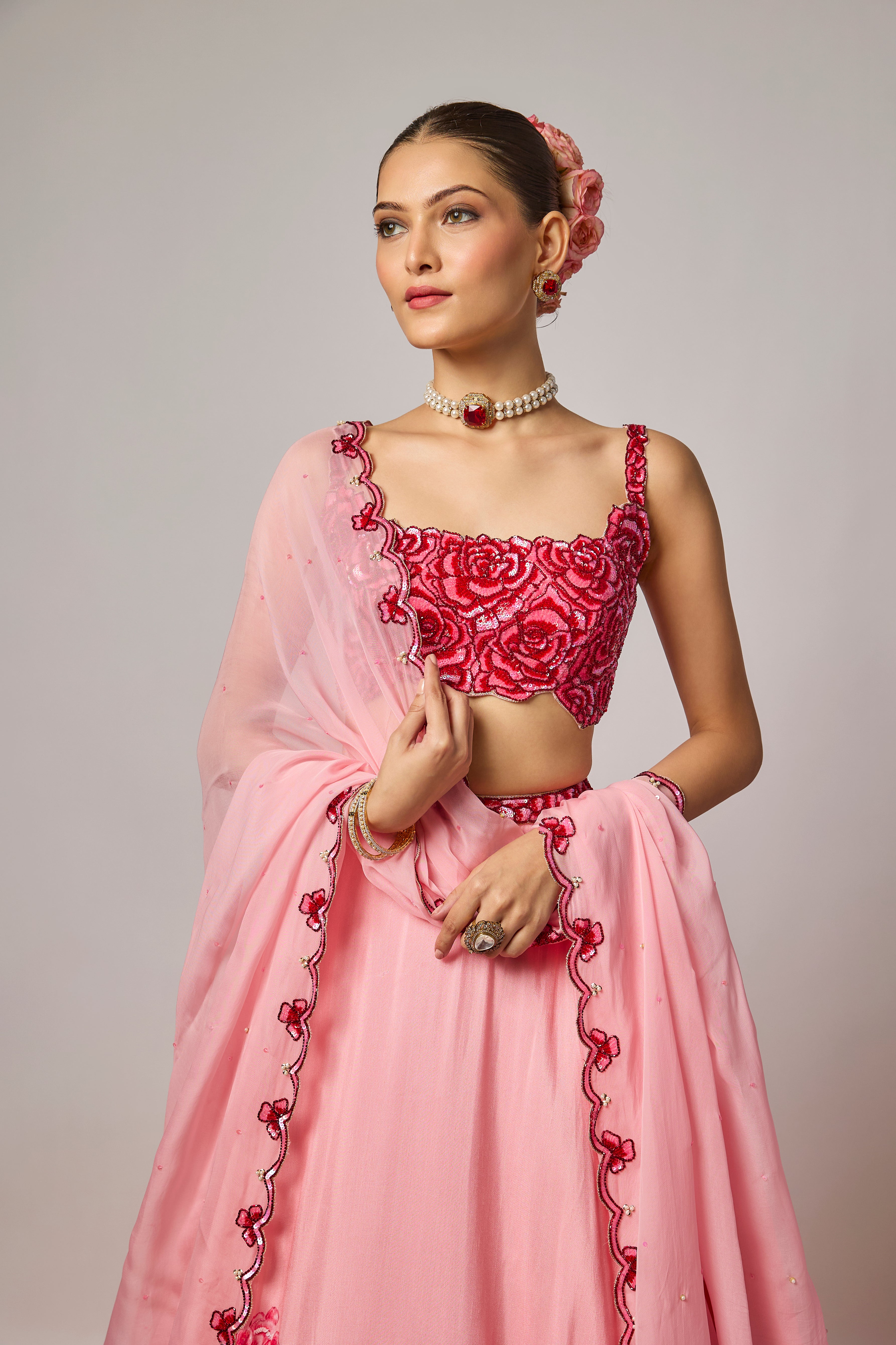Blush Pink Dola Silk Embroidered Floral Lehenga Set