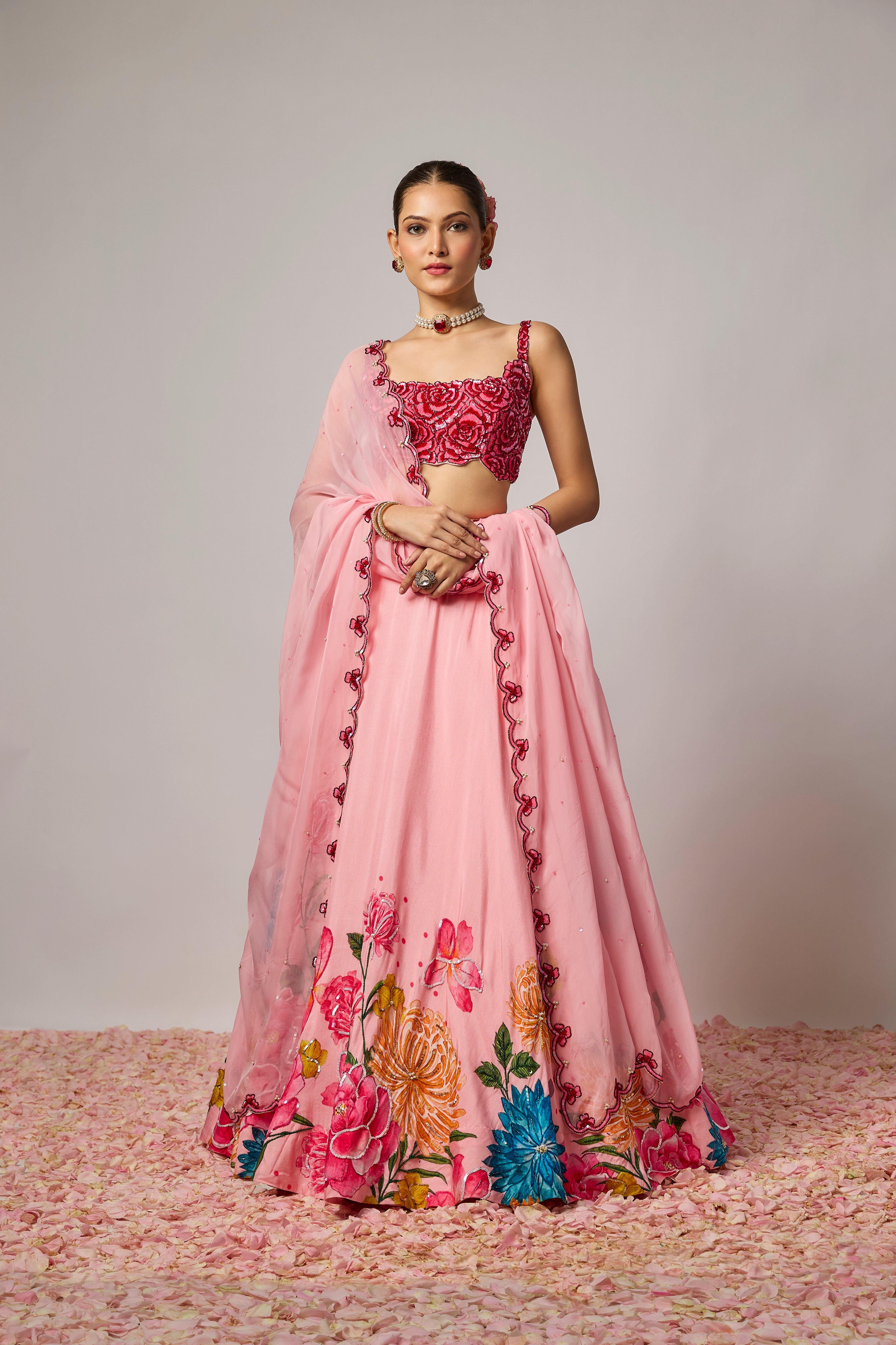 Blush Pink Dola Silk Embroidered Floral Lehenga Set
