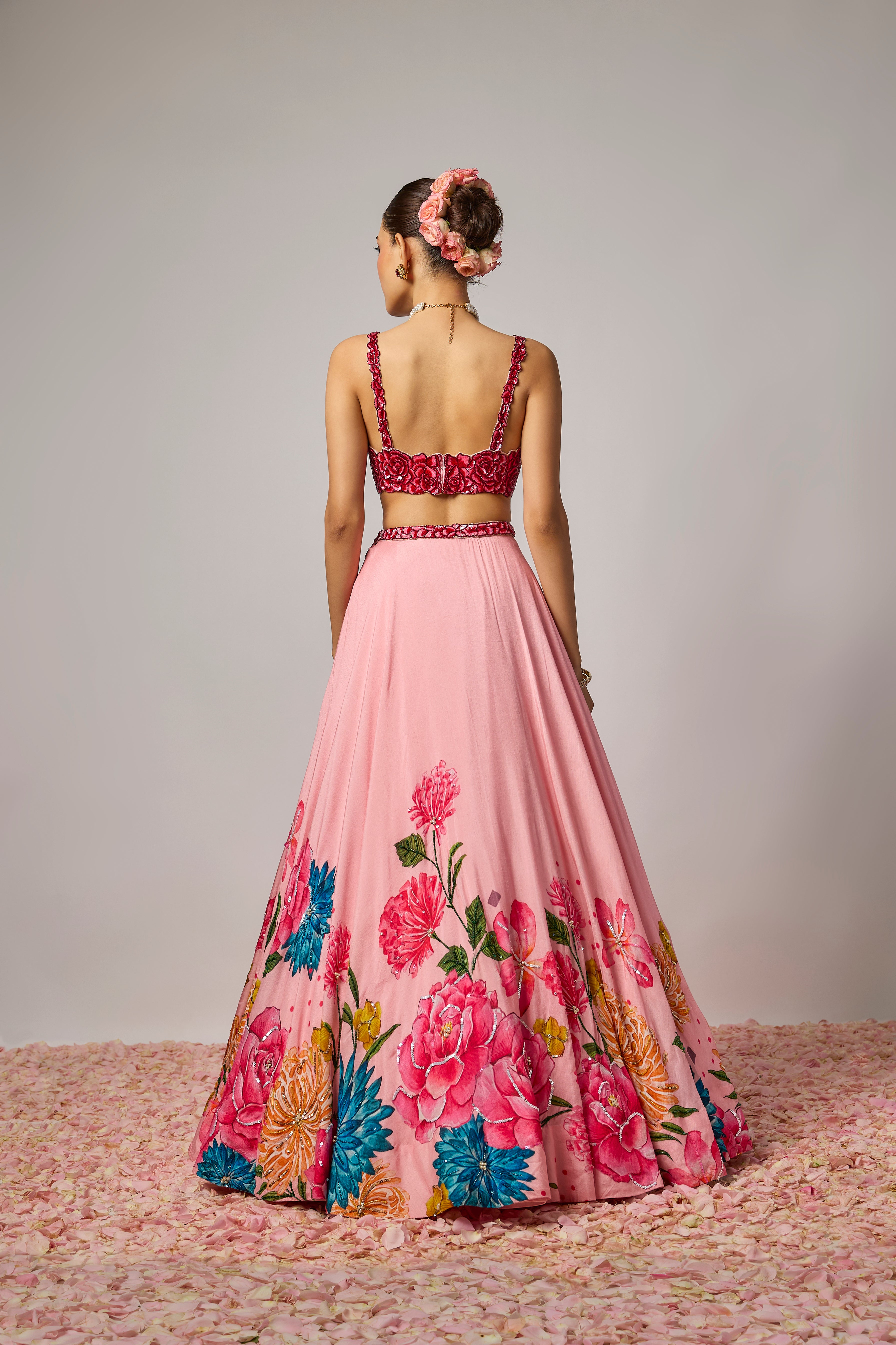 Blush Pink Dola Silk Embroidered Floral Lehenga Set