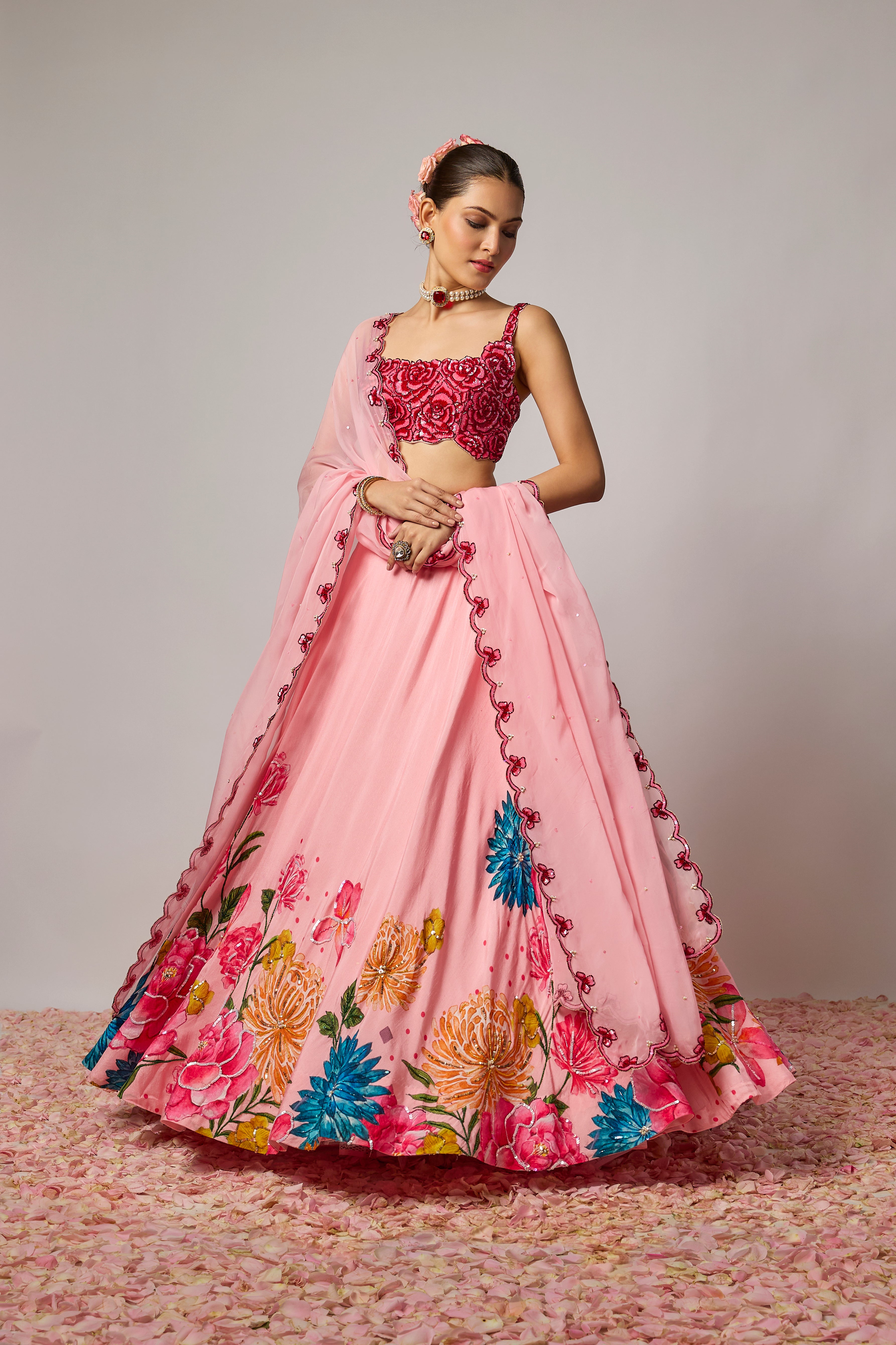 Blush Pink Dola Silk Embroidered Floral Lehenga Set
