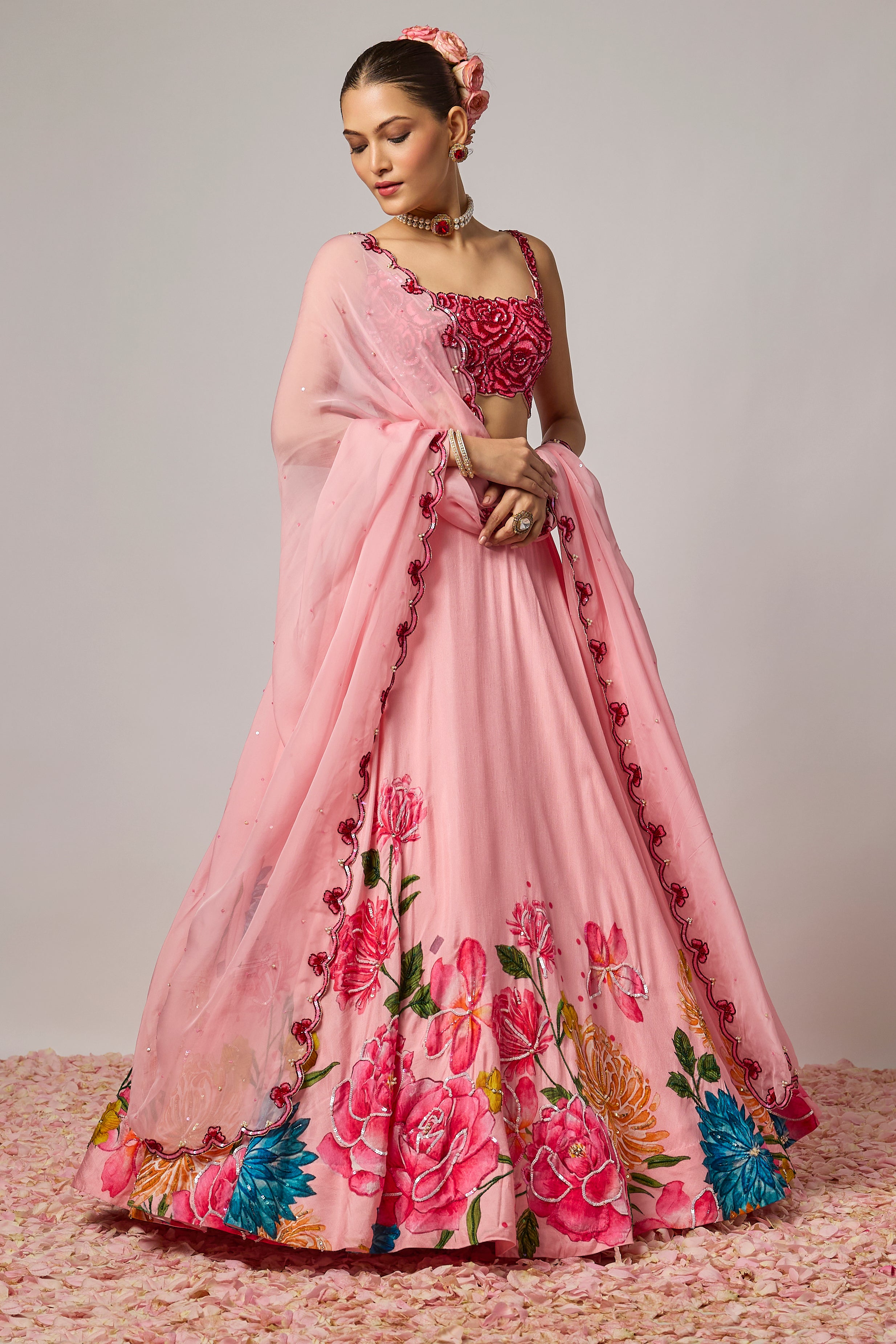 Blush Pink Dola Silk Embroidered Floral Lehenga Set