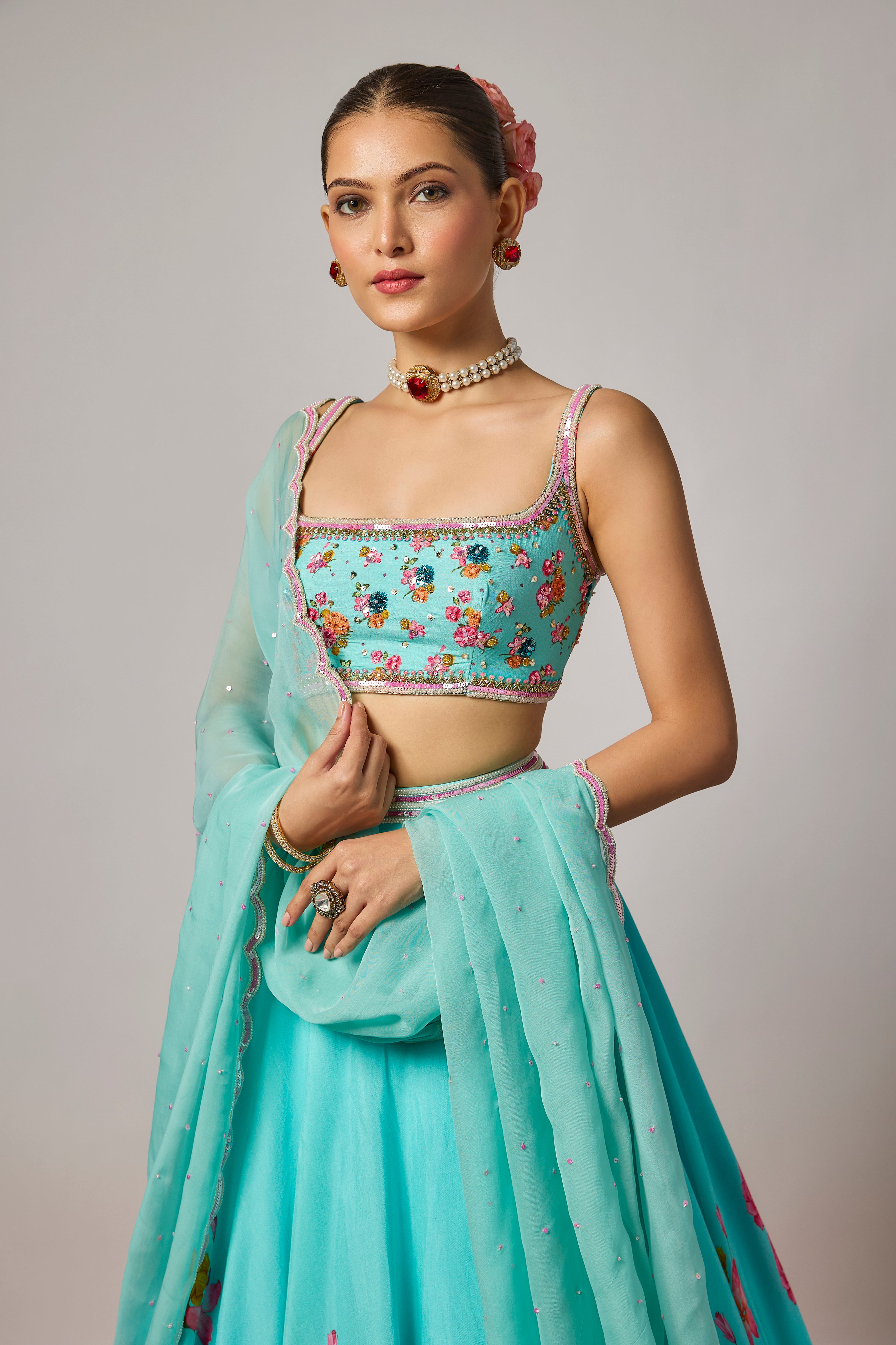 Aqua Blue Dola Silk Floral Printed Lehenga Set