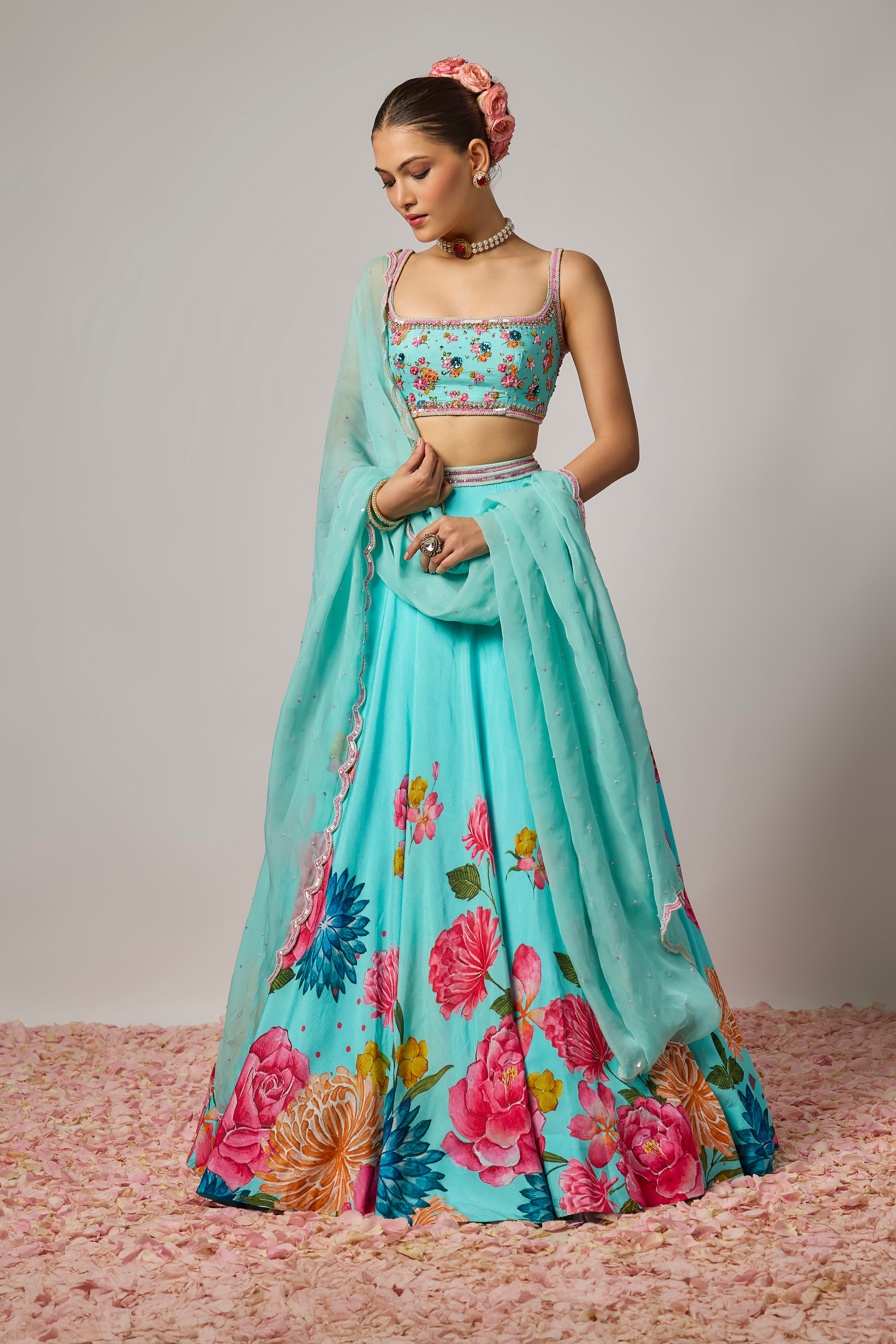 Aqua Blue Dola Silk Floral Printed Lehenga Set