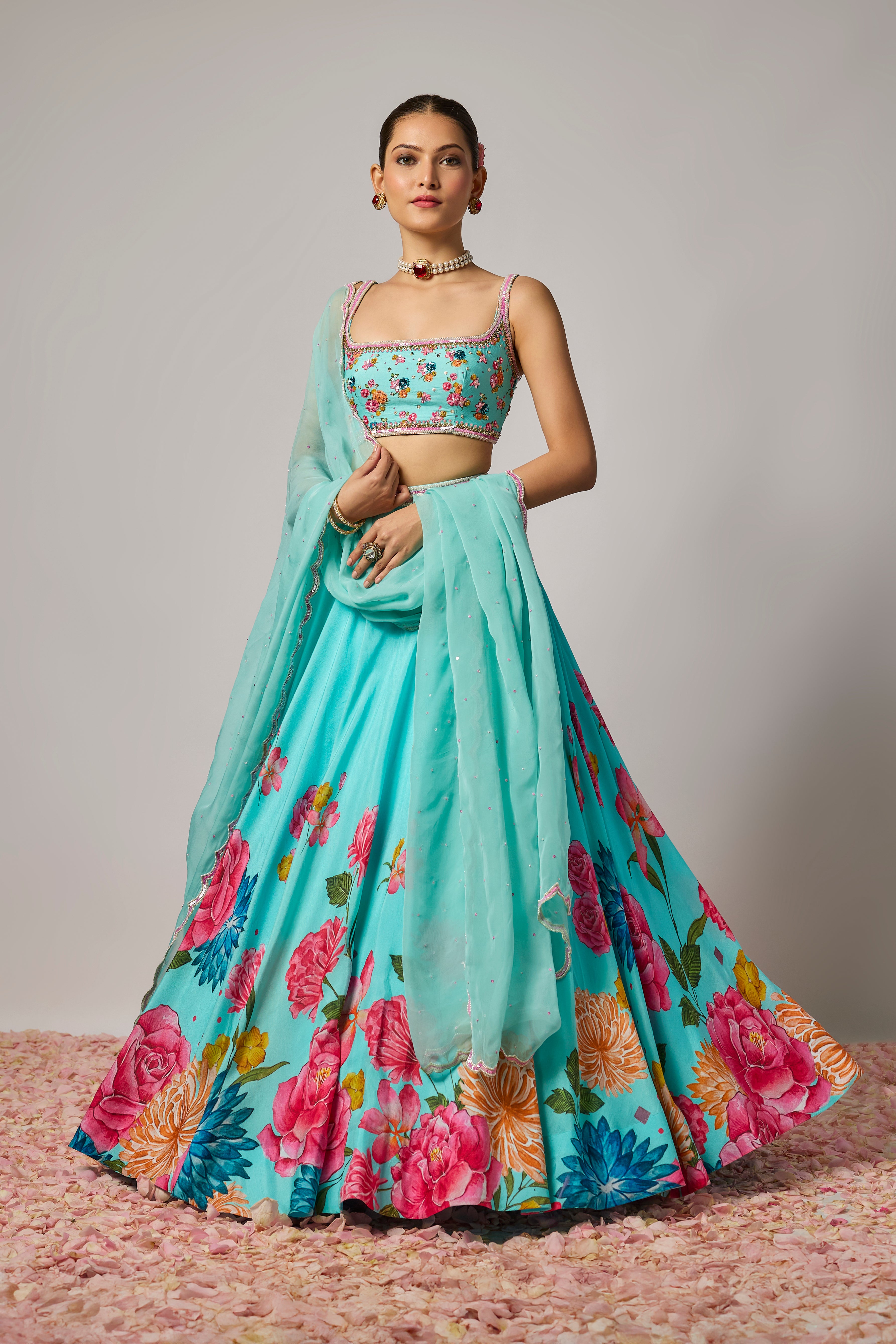 Aqua Blue Dola Silk Floral Printed Lehenga Set