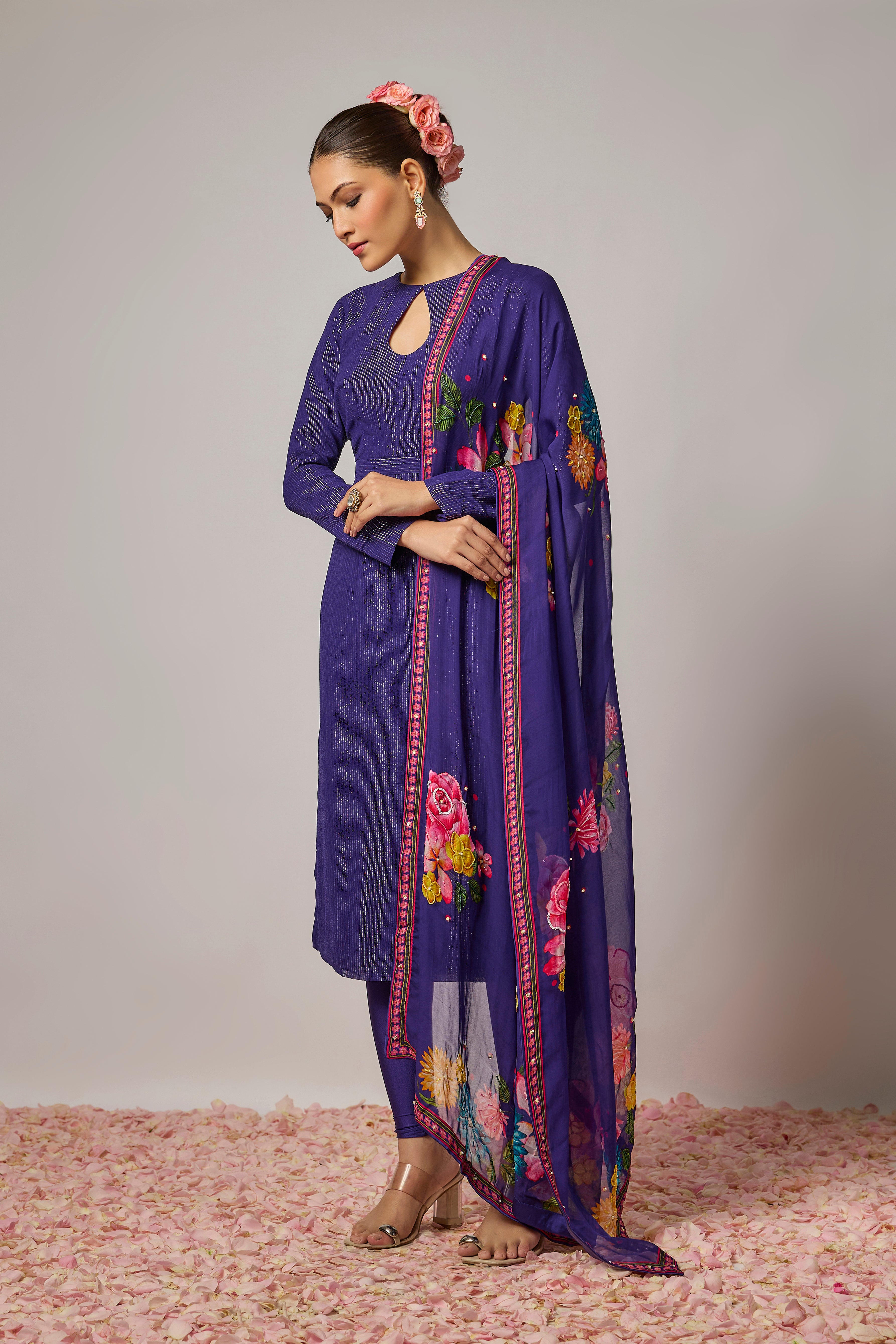 Deep Purple Floral Embroidered Kurta Set