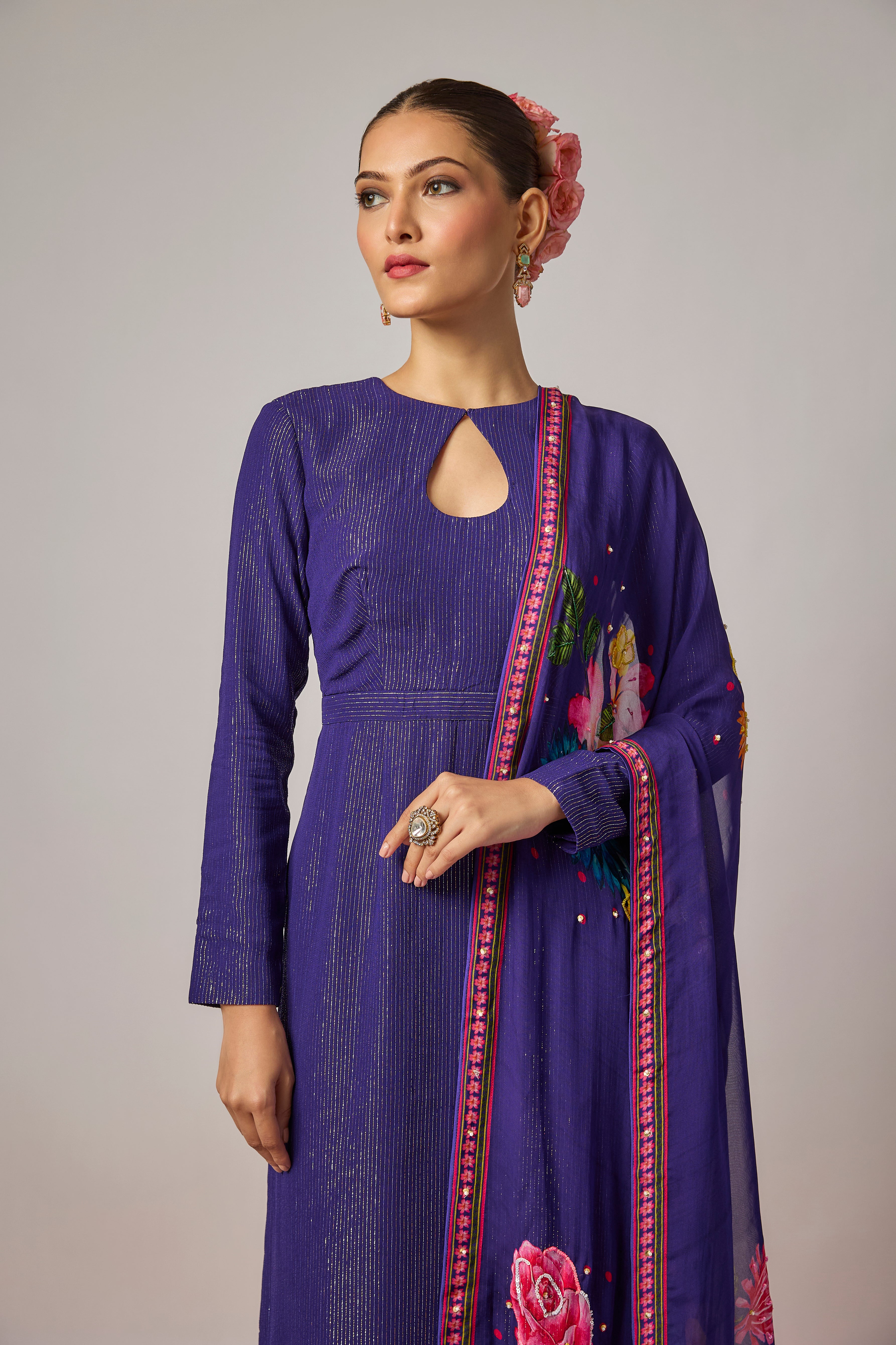 Deep Purple Floral Embroidered Kurta Set