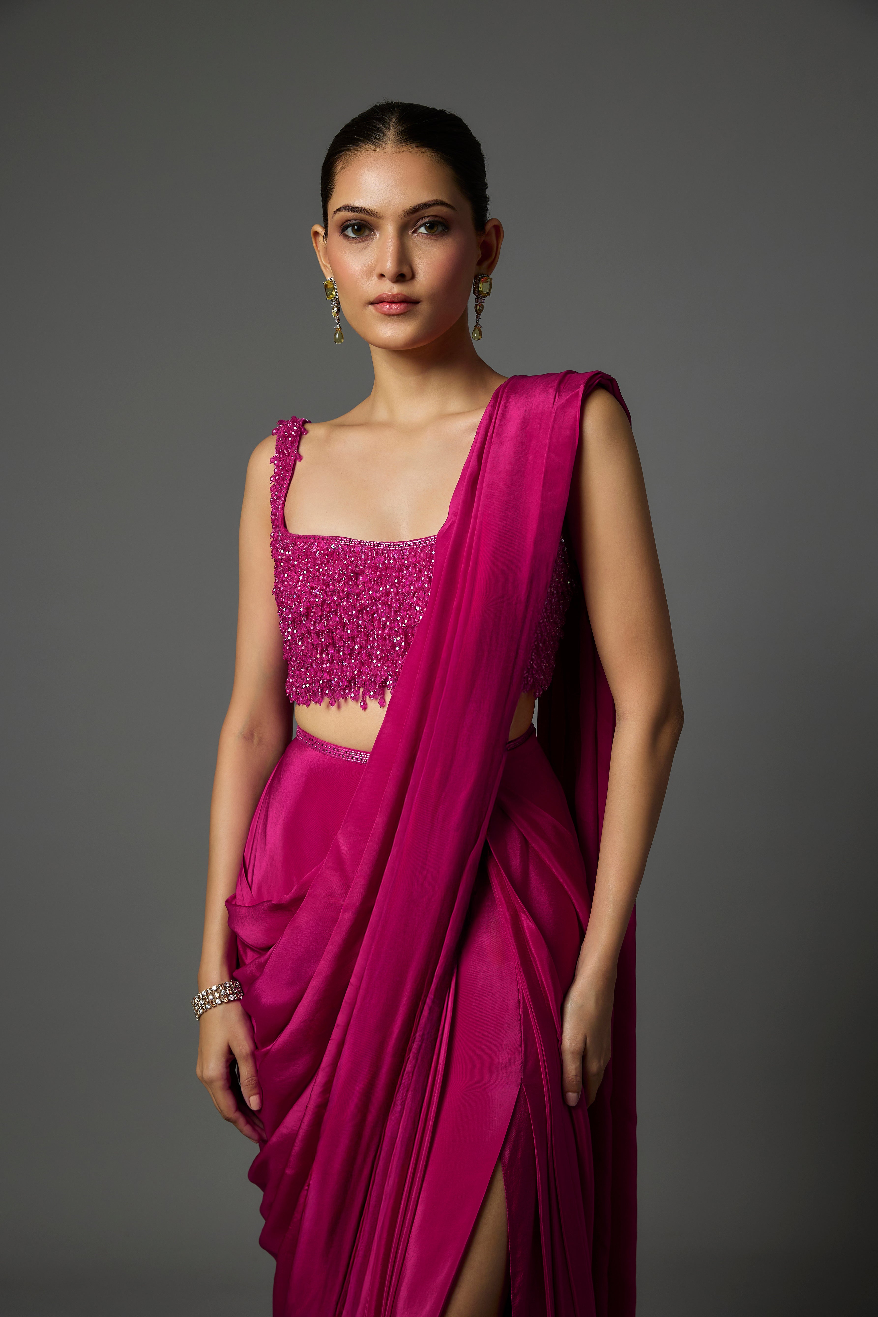 Fuchsia Pink Pre-Draped Saree