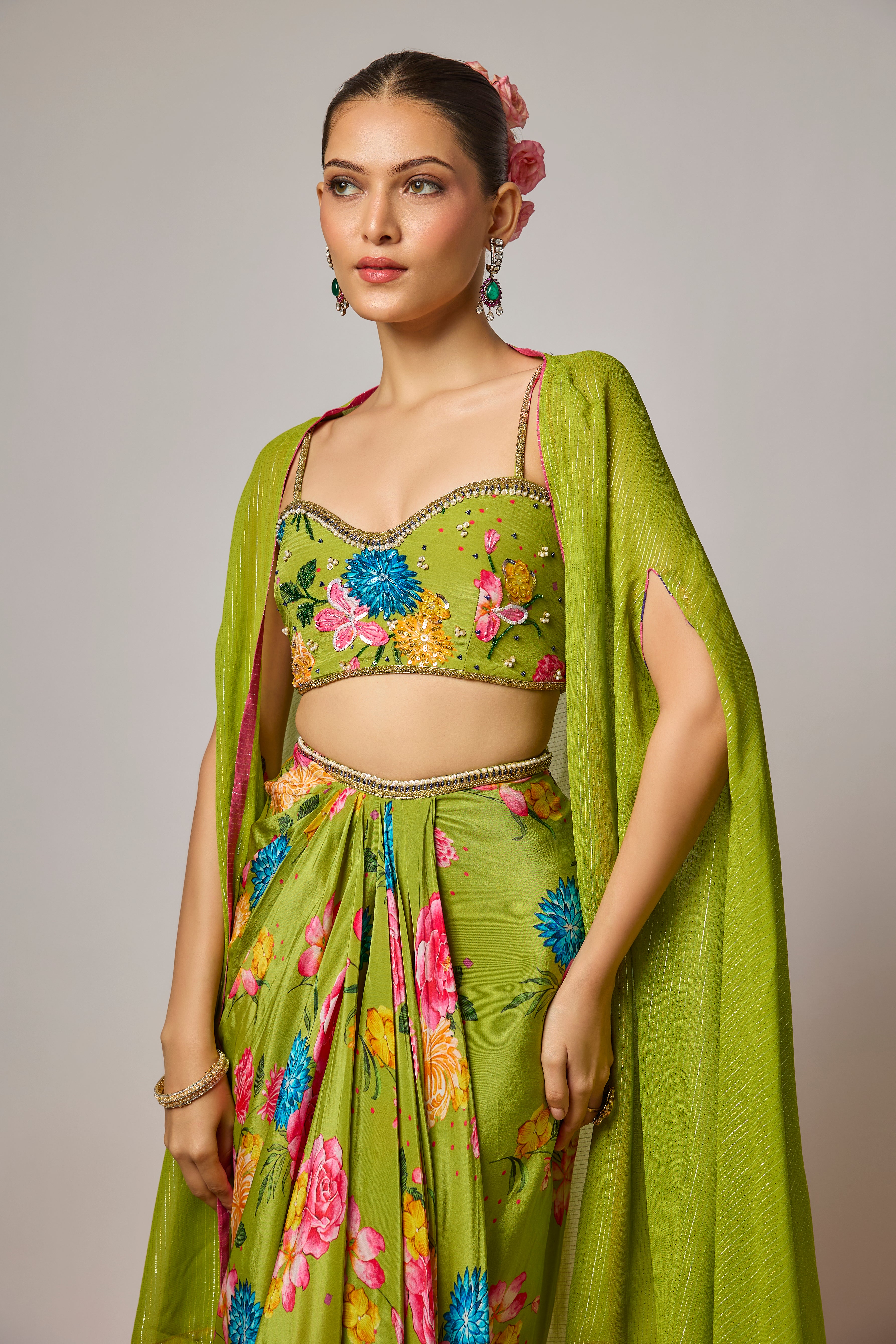 Mehendi Green Pure Crepe Floral Draped Dhoti Set