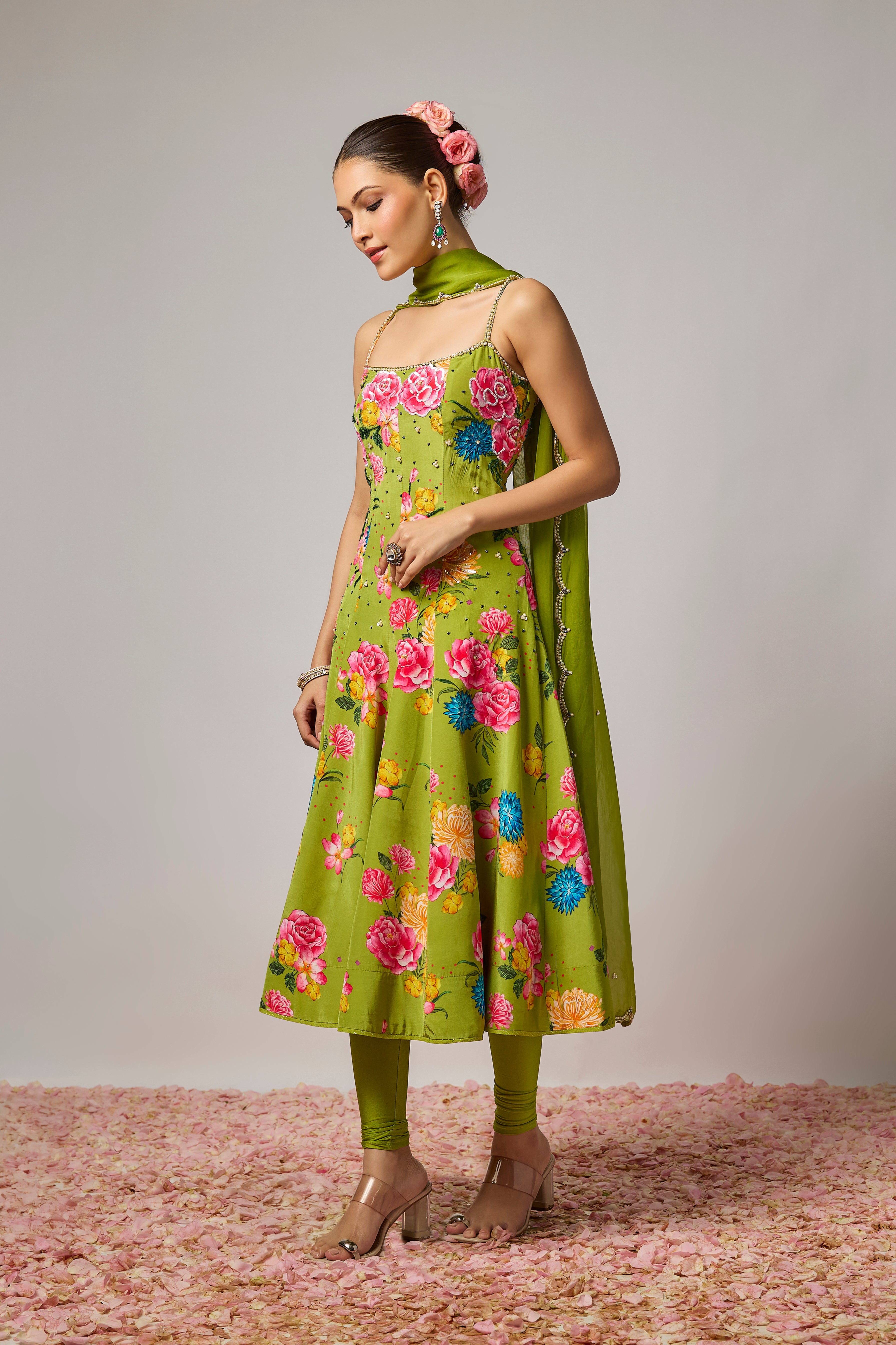 Mehendi Green Pure Crepe Floral Embroidered Anarkali Set