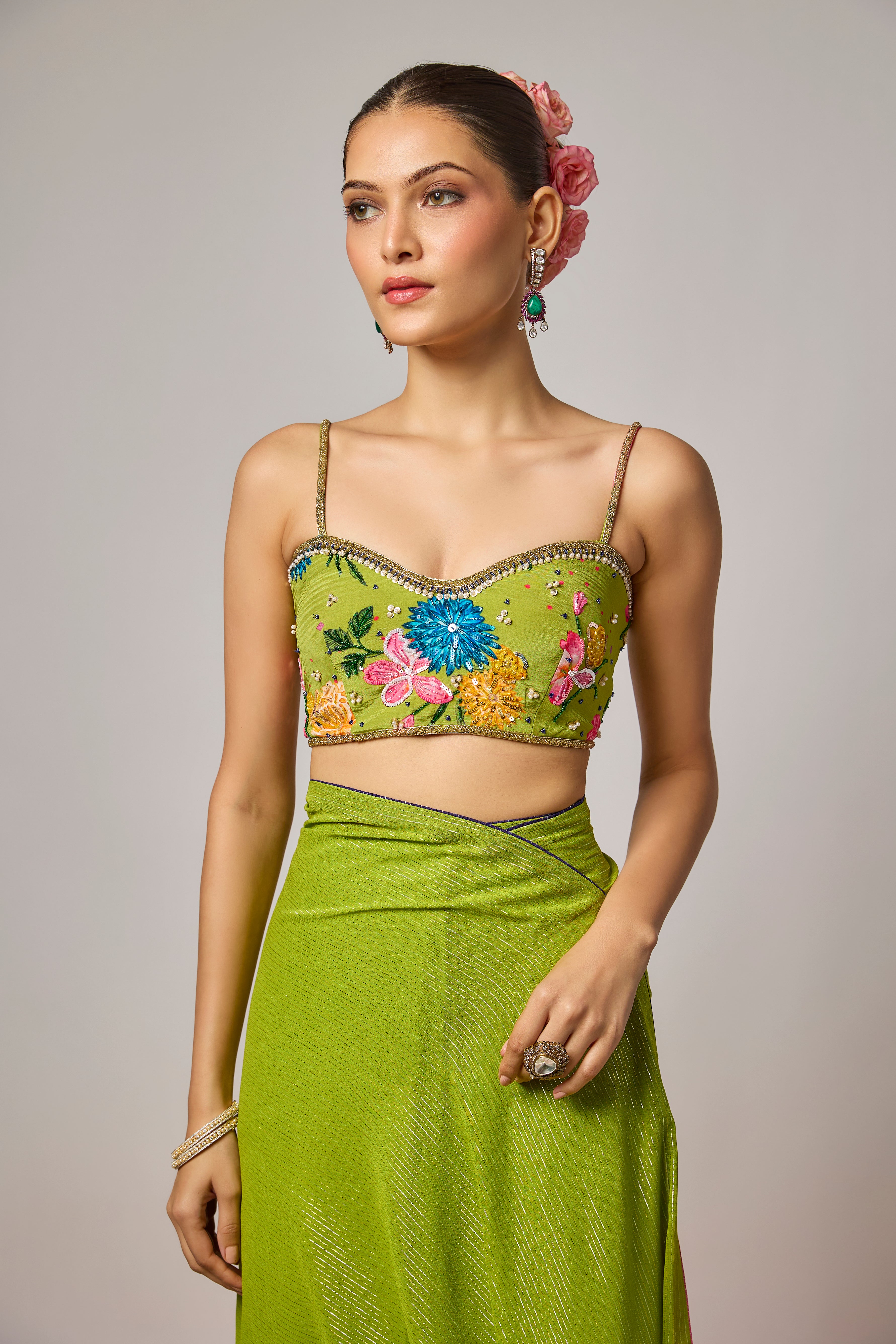 Mehendi Green Lurex Georgette Pre-Draped Saree Set With Embroidered Blouse