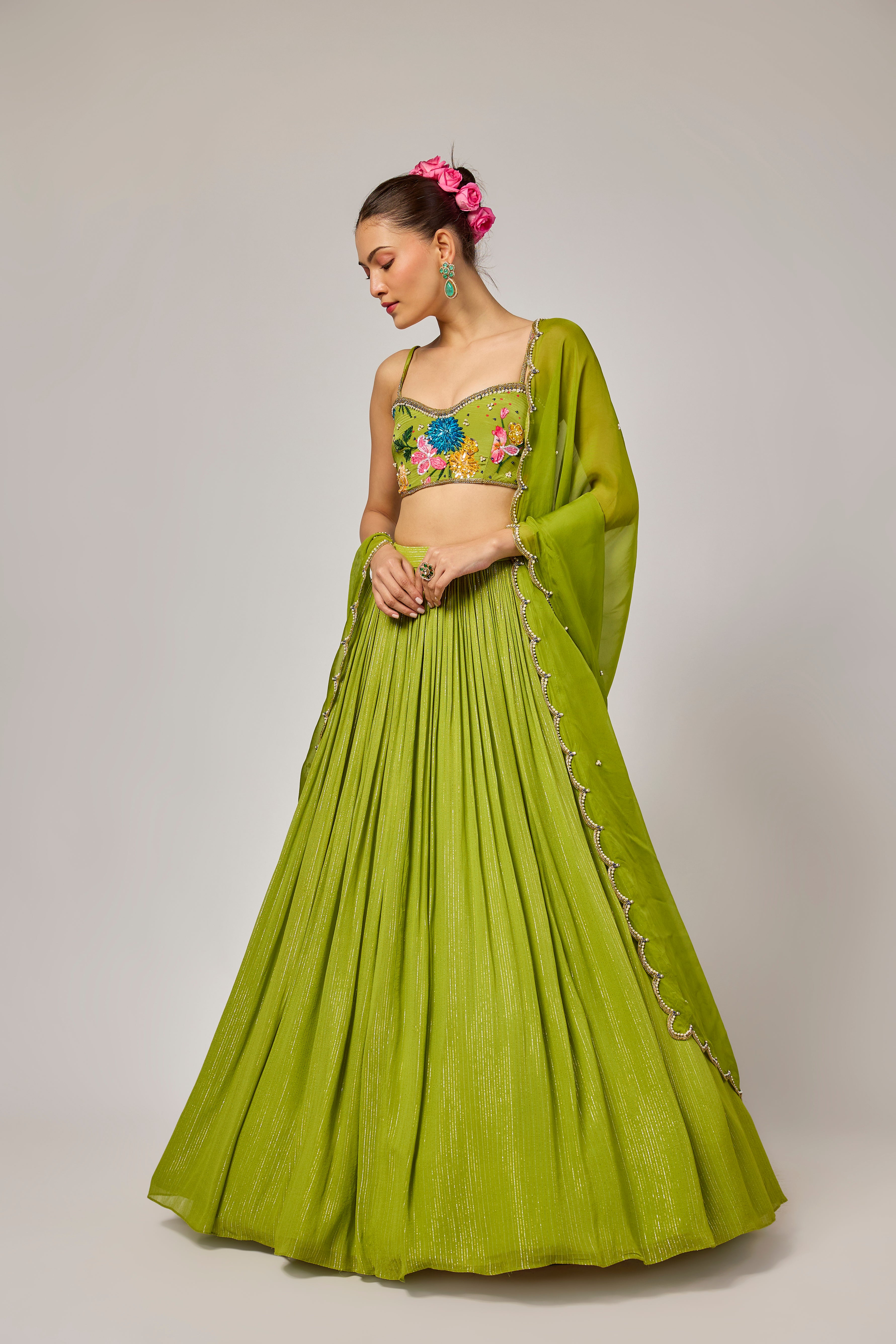 Mehendi Green Hand-Embroidered Floral Lehenga Set