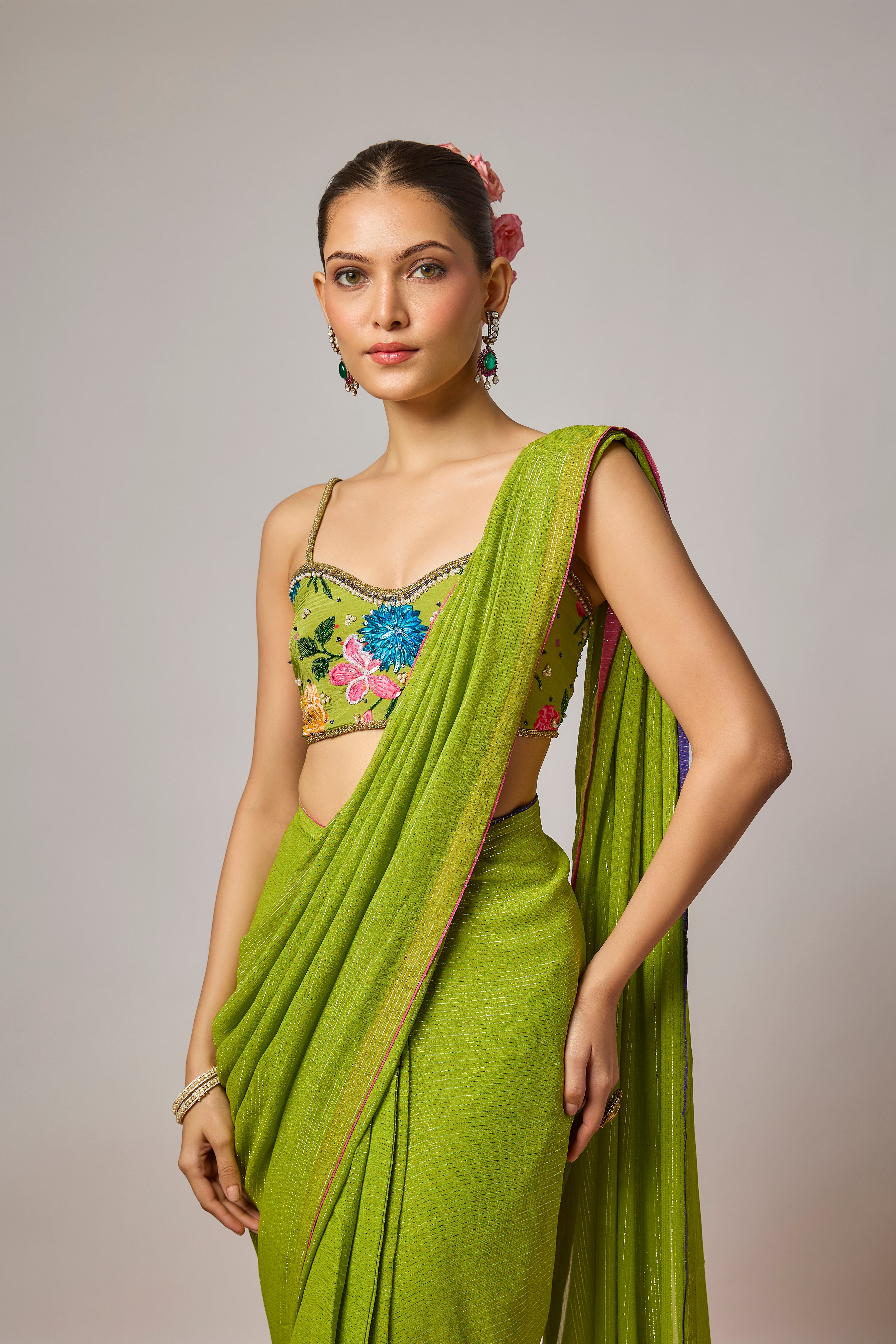 Mehendi Green Lurex Georgette Pre-Draped Saree Set With Embroidered Blouse