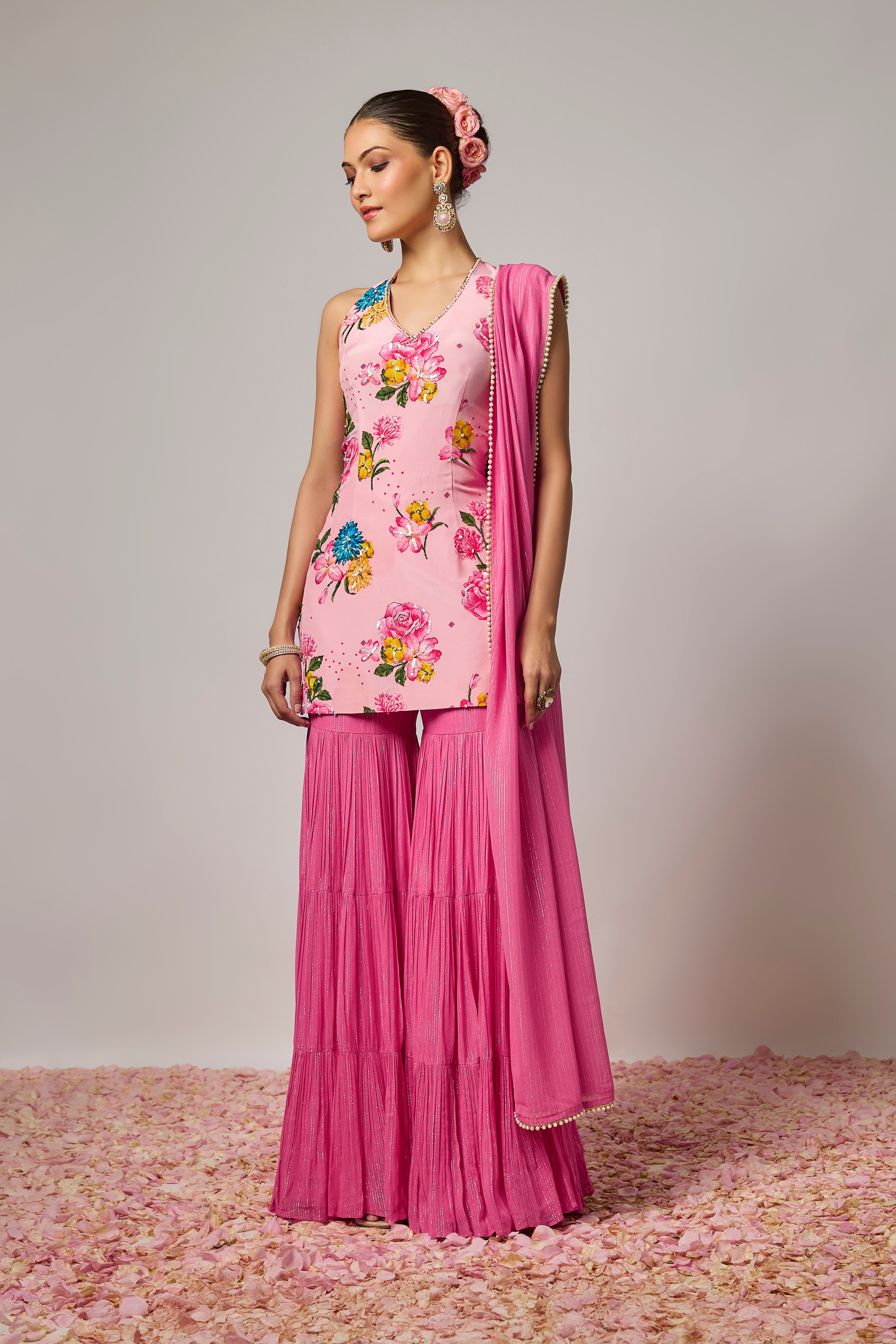 Blush Pink Pure Crepe Floral Printed Embroidered Sharara Set