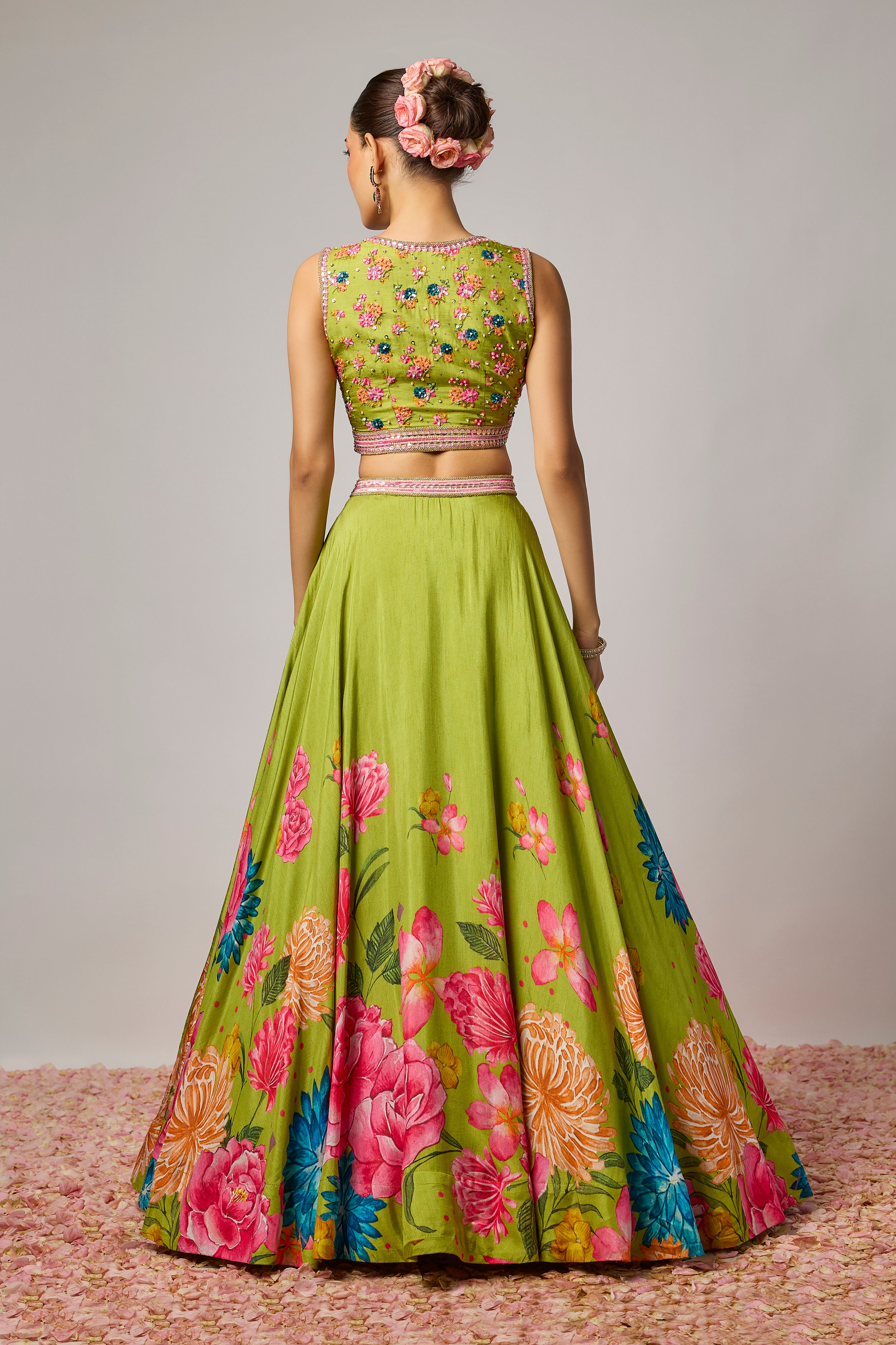 Mehendi Green Dola Silk Floral Printed Lehenga Set